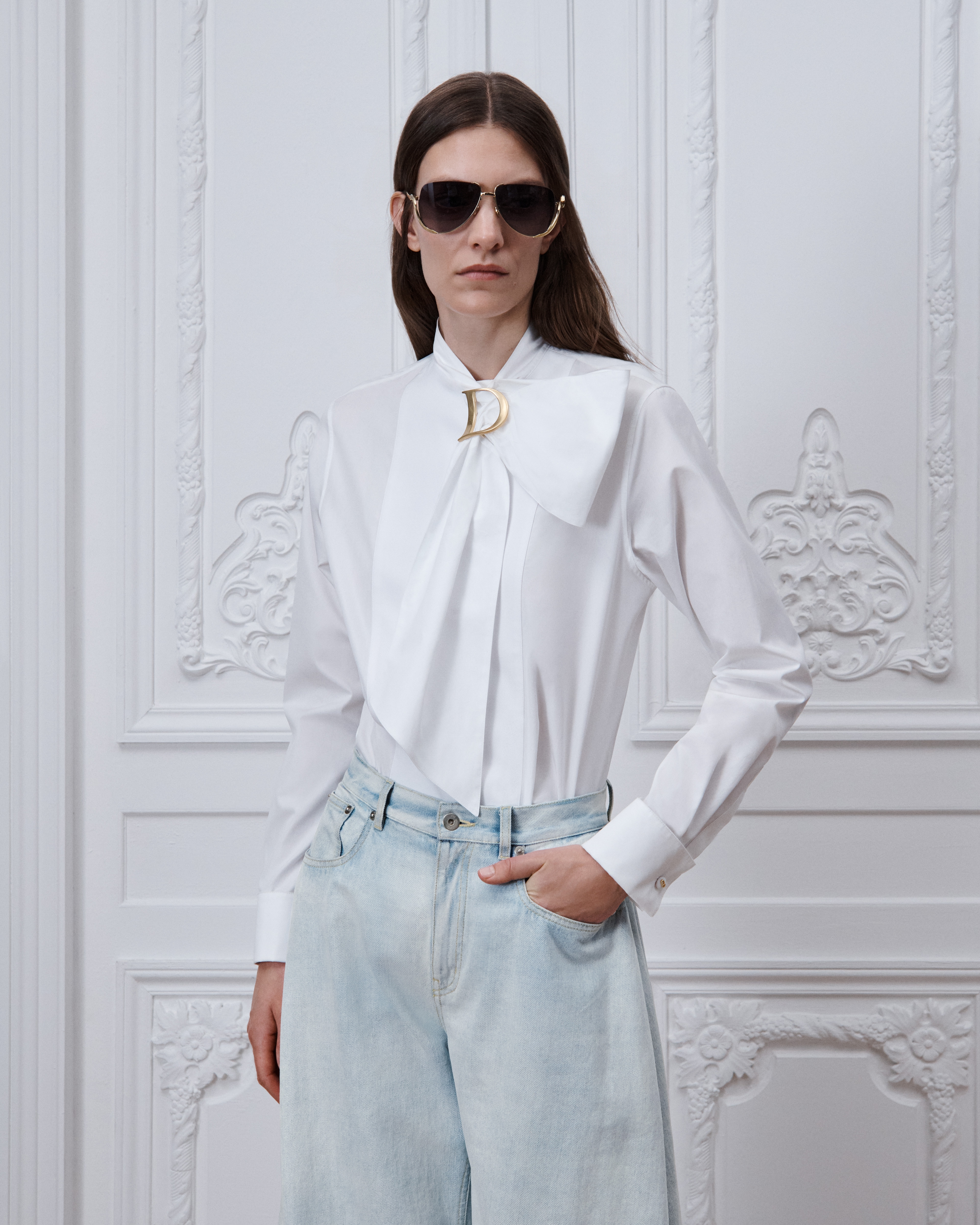 Blouse with Plastron and Tied Collar White Cotton Poplin E04