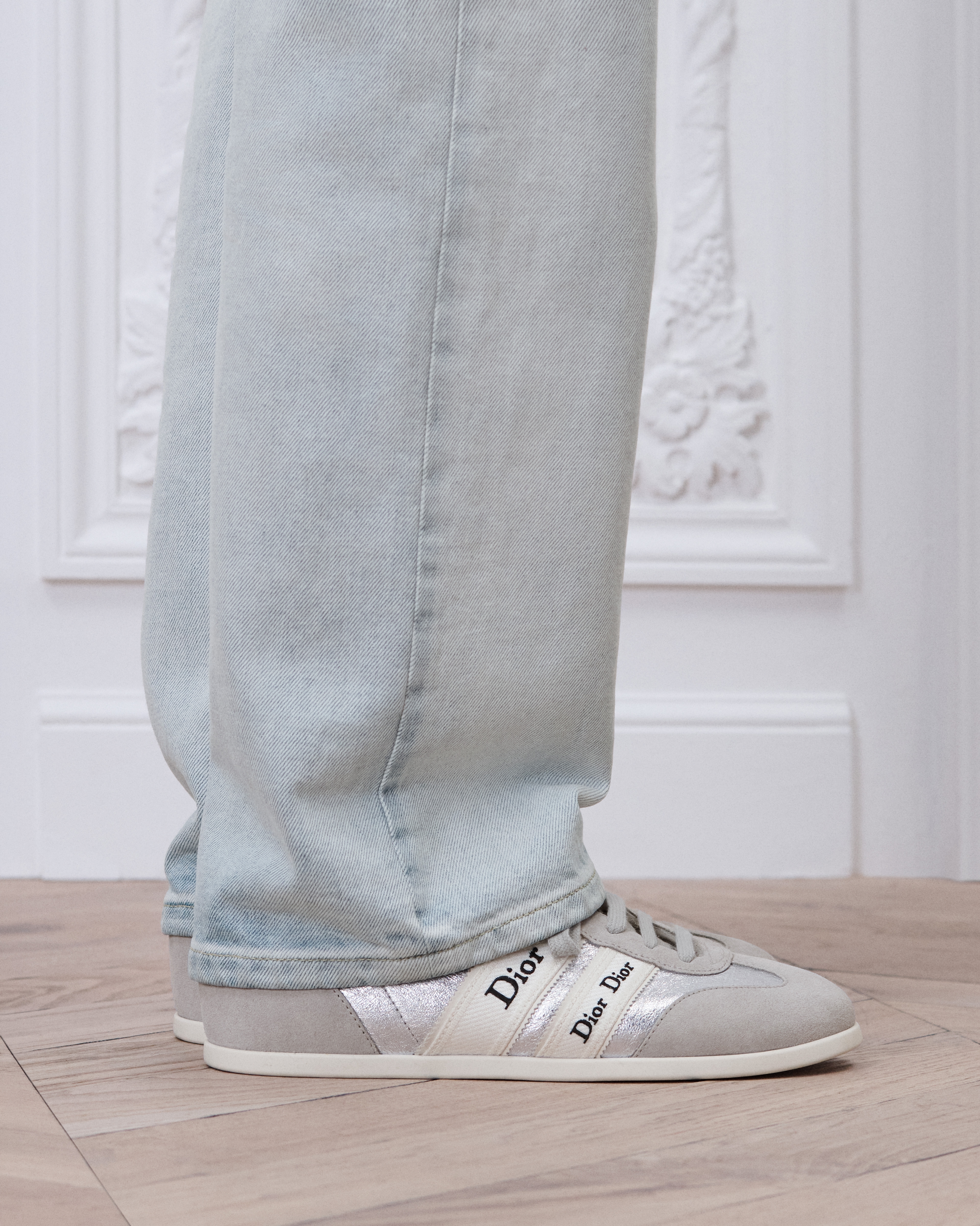 Dior Ribbon-sneaker Grijs kalfssuède en zilverkleurig gelamineerd lamsleer met craquelé-effect E15