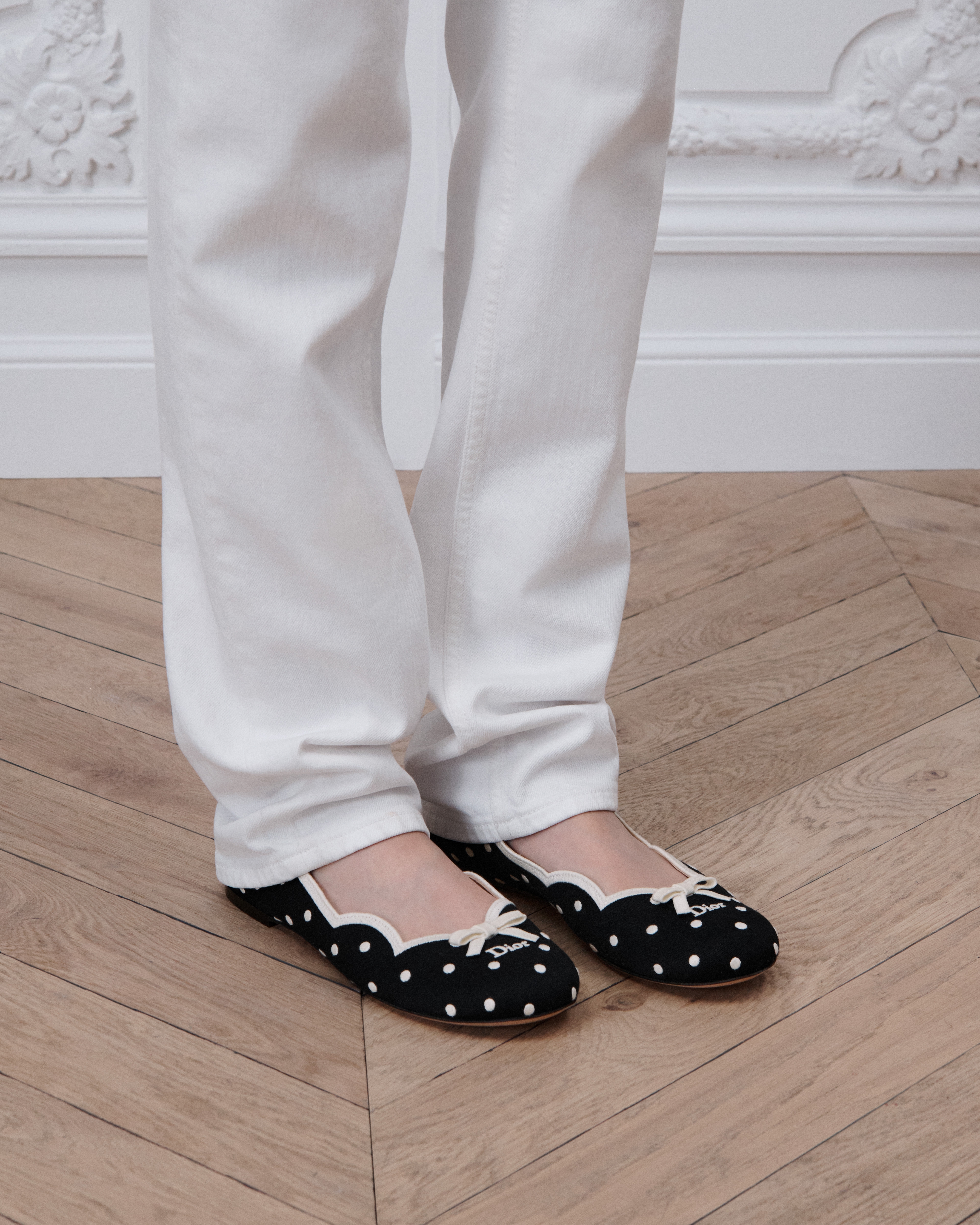 Dior Romance Ballet Flat Black Cotton Embroidered with White PolkaDior Motif E14