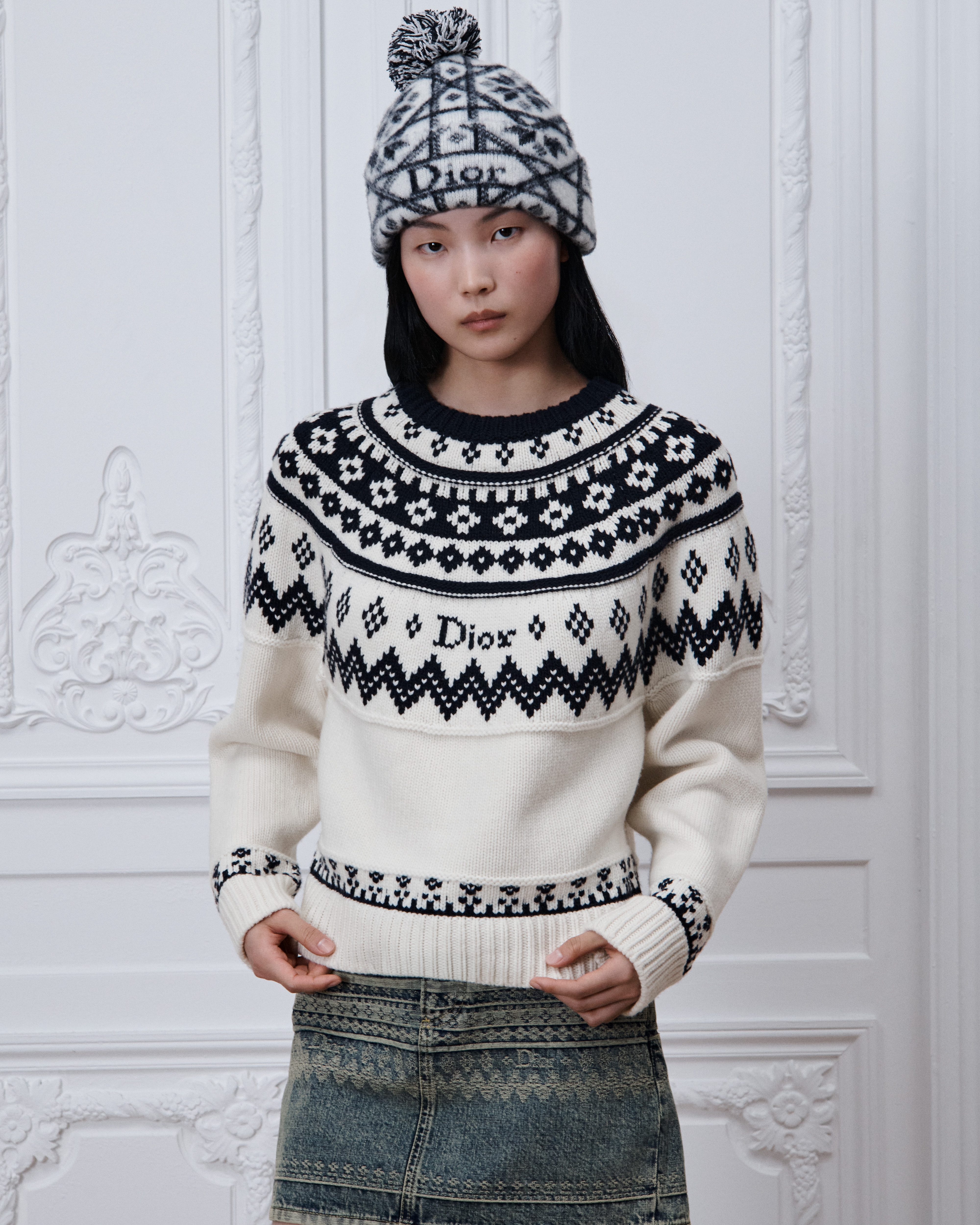 DiorAlps Sweater Ecru Wool and Cashmere Knit with Navy Blue Fair Isle Motif E04