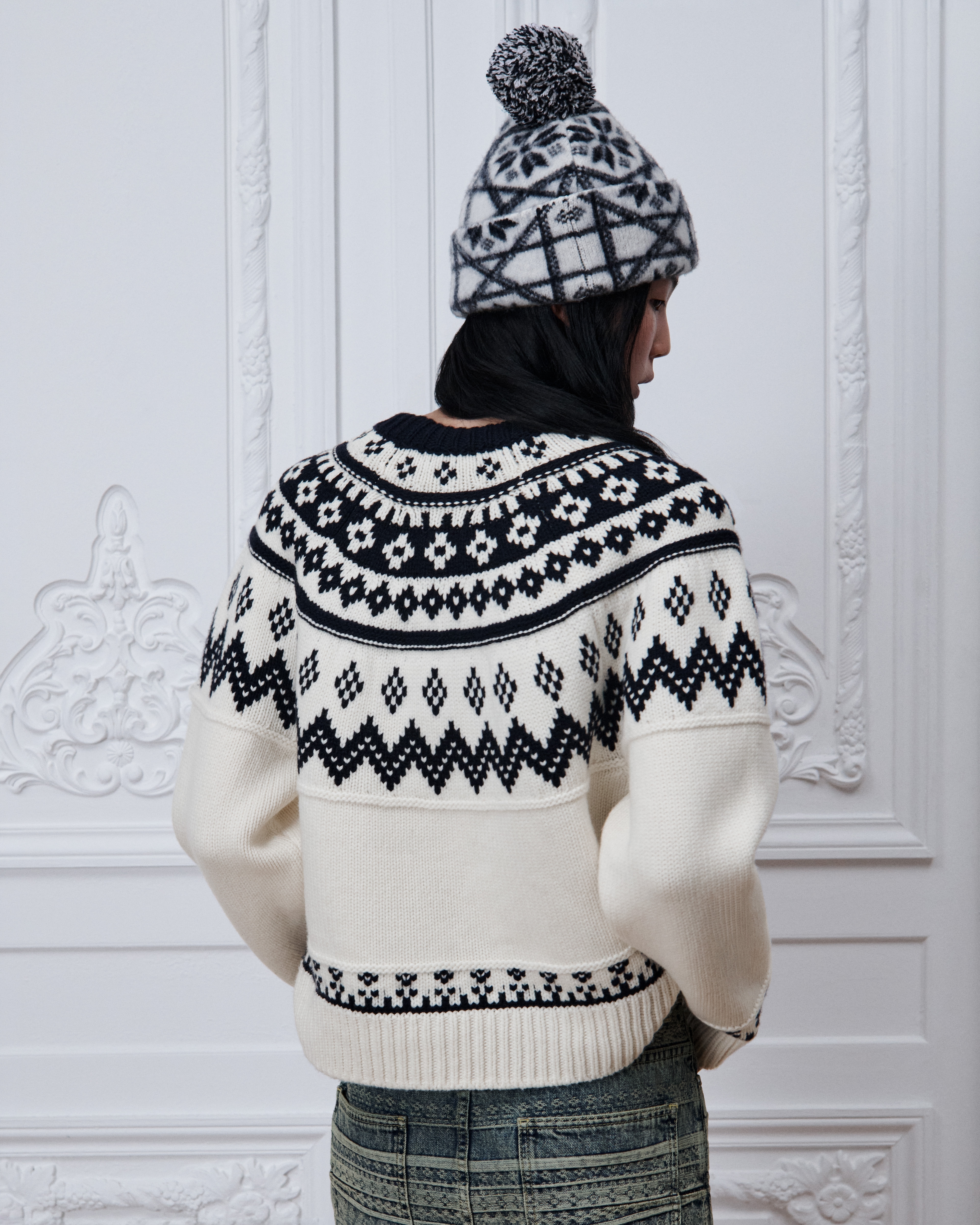 DiorAlps Sweater Ecru Wool and Cashmere Knit with Navy Blue Fair Isle Motif E06