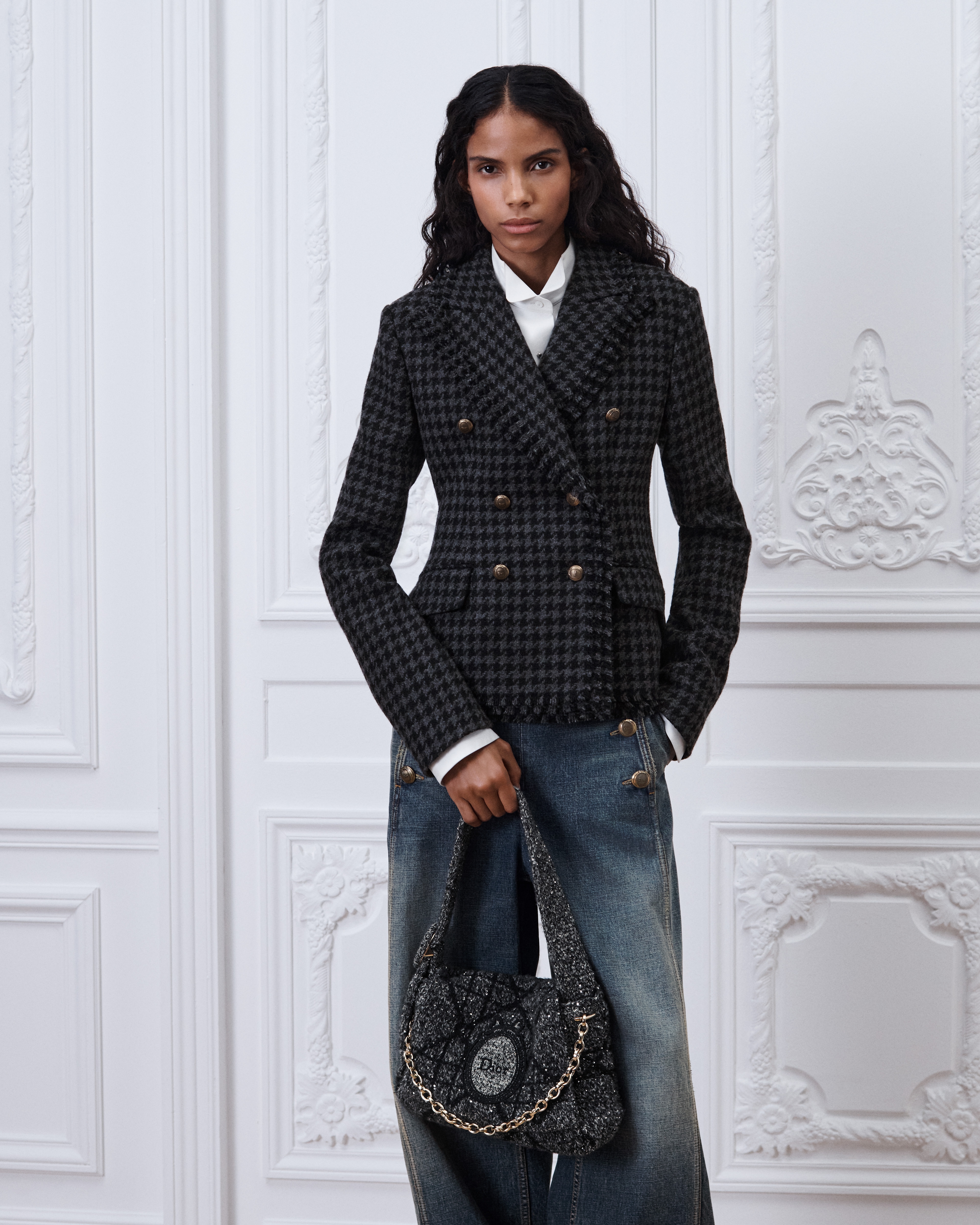 Small Dior Médaillon Messenger Flap Bag Gray and Black Sequin-Embroidered Macrocannage Wool Knit and Dior Médaillon E04
