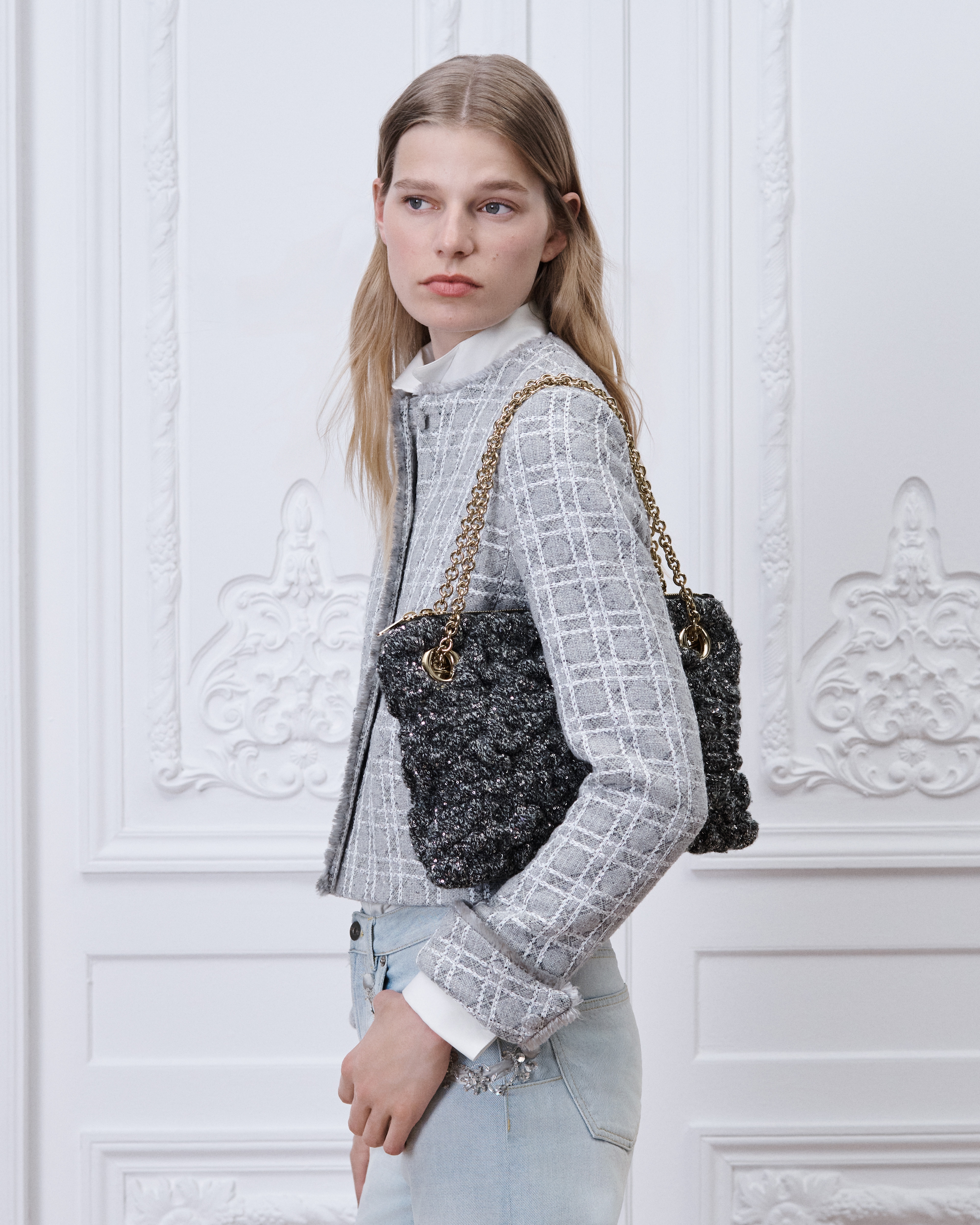 Kleine Dior Milly-La-Forêt-tas Zwart gemêleerd Puffy Macrocannage-breisel geborduurd met pailletten E05