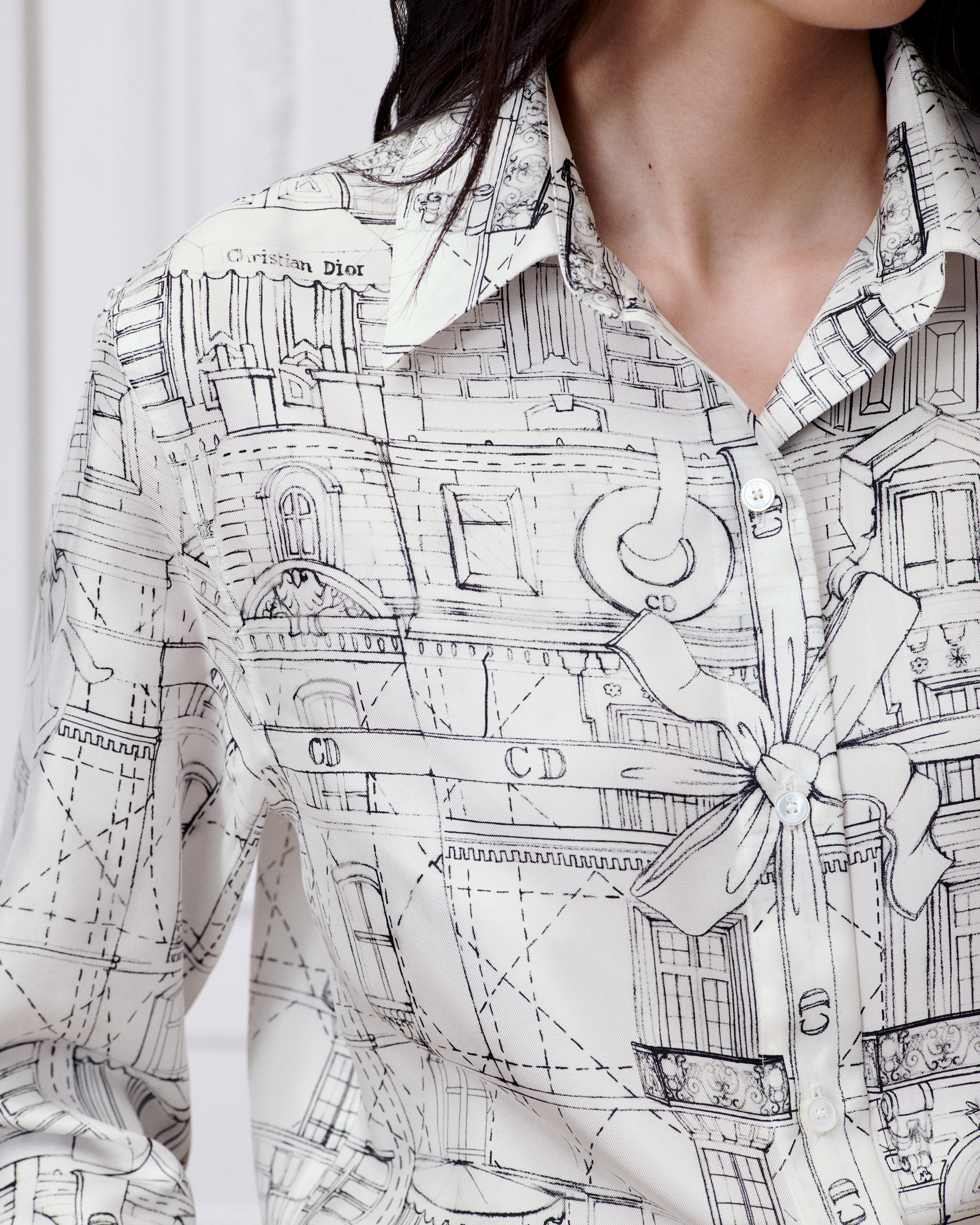 Blouse Twill de soie à motif Noël à Montaigne blanc et noir E12