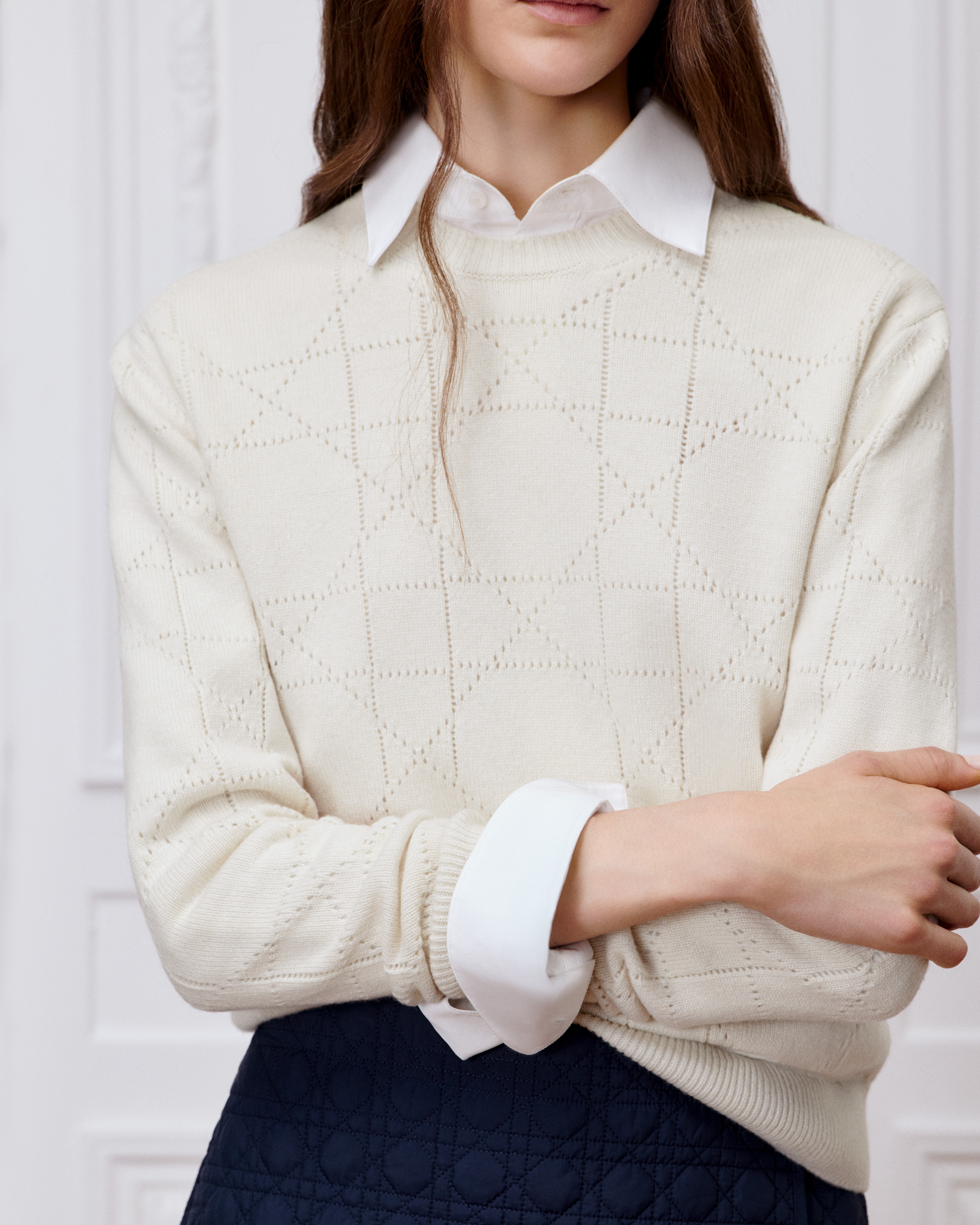 Embroidered Cannage Sweater Ecru Virgin Wool and Cashmere Openwork Knit E13