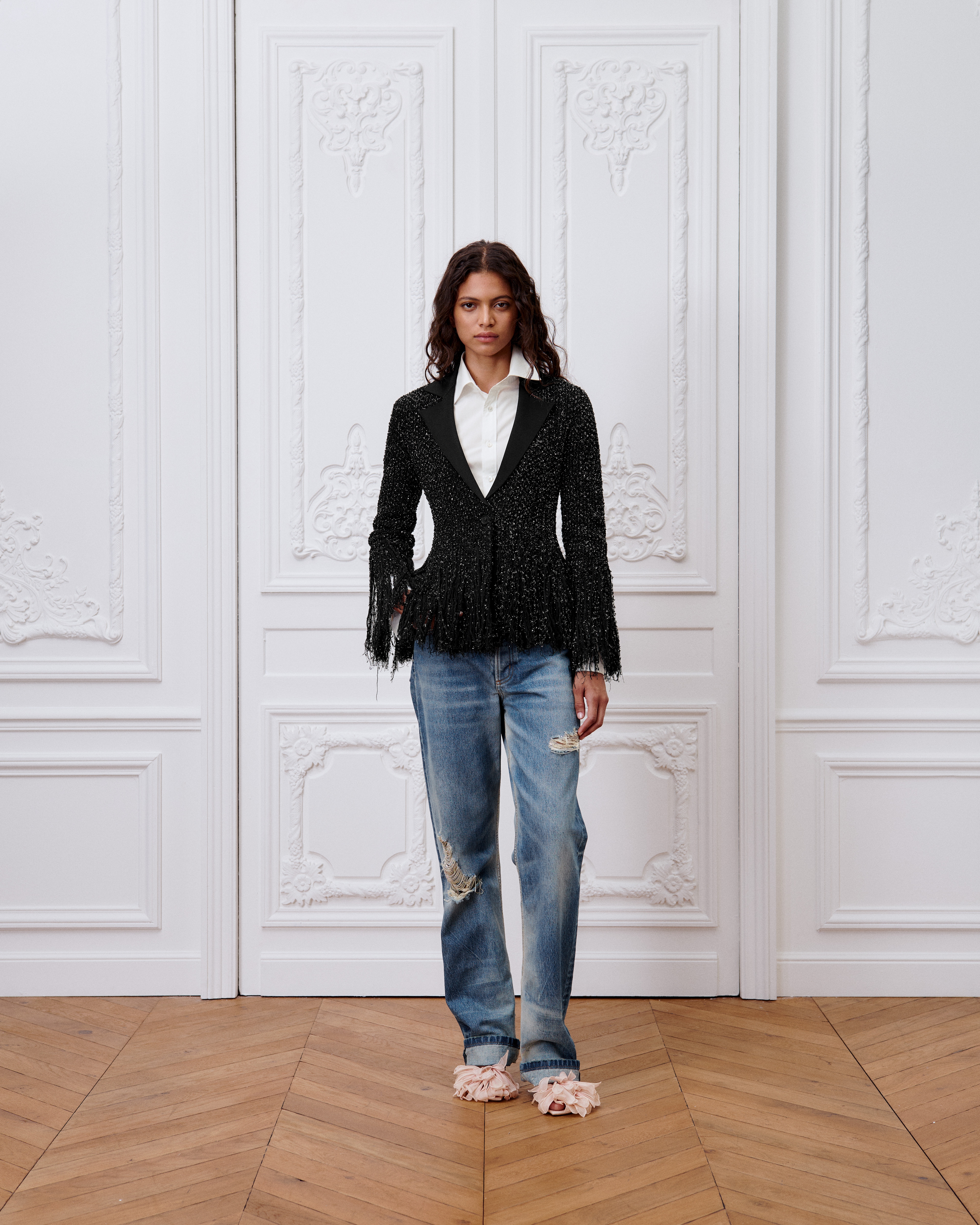 Bar Jacket Black Fringed Virgin Wool-Cotton-Blend Tweed Knit with Metallic Thread E01