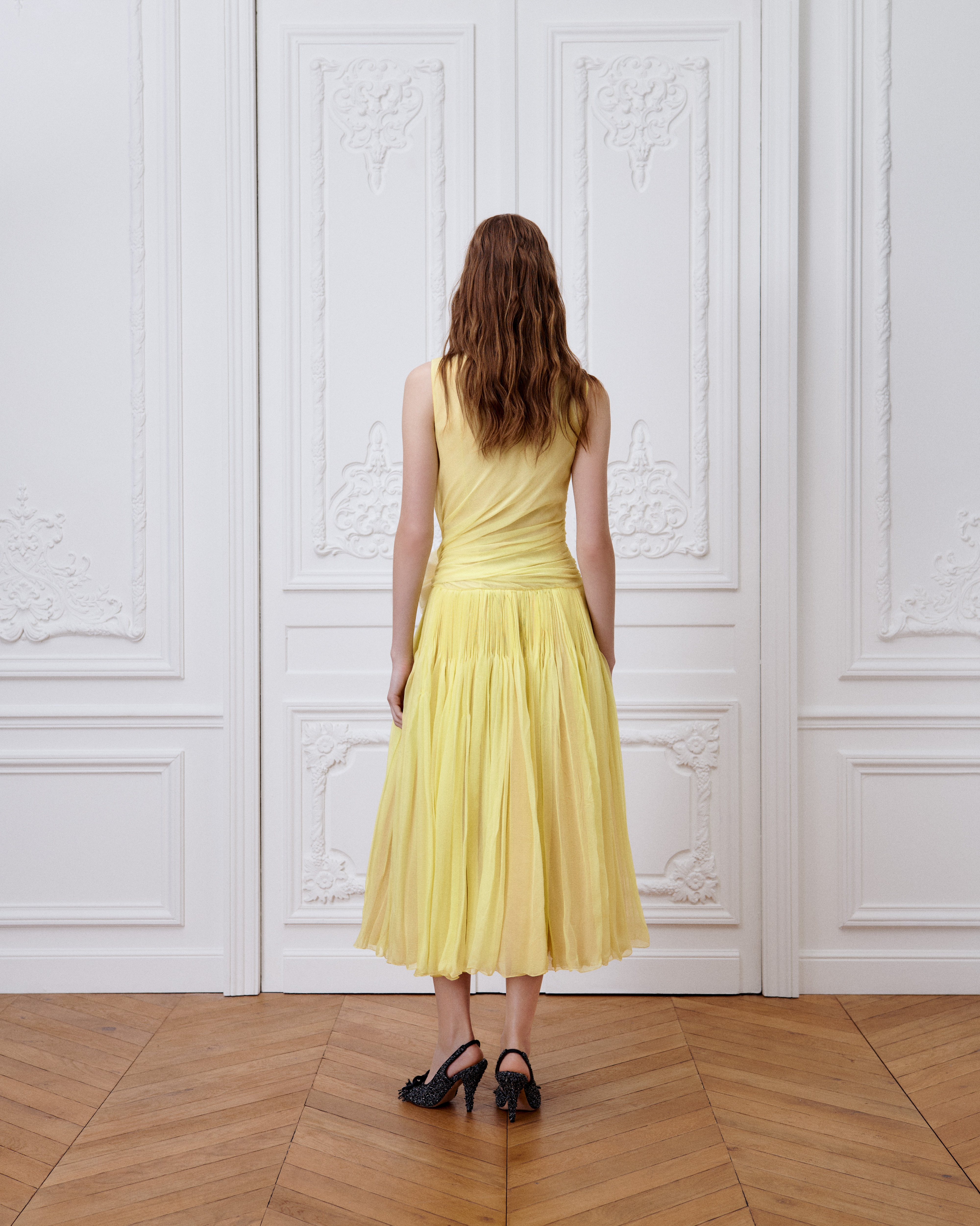 Vestido plisado de largo medio Gasa de seda amarilla E03