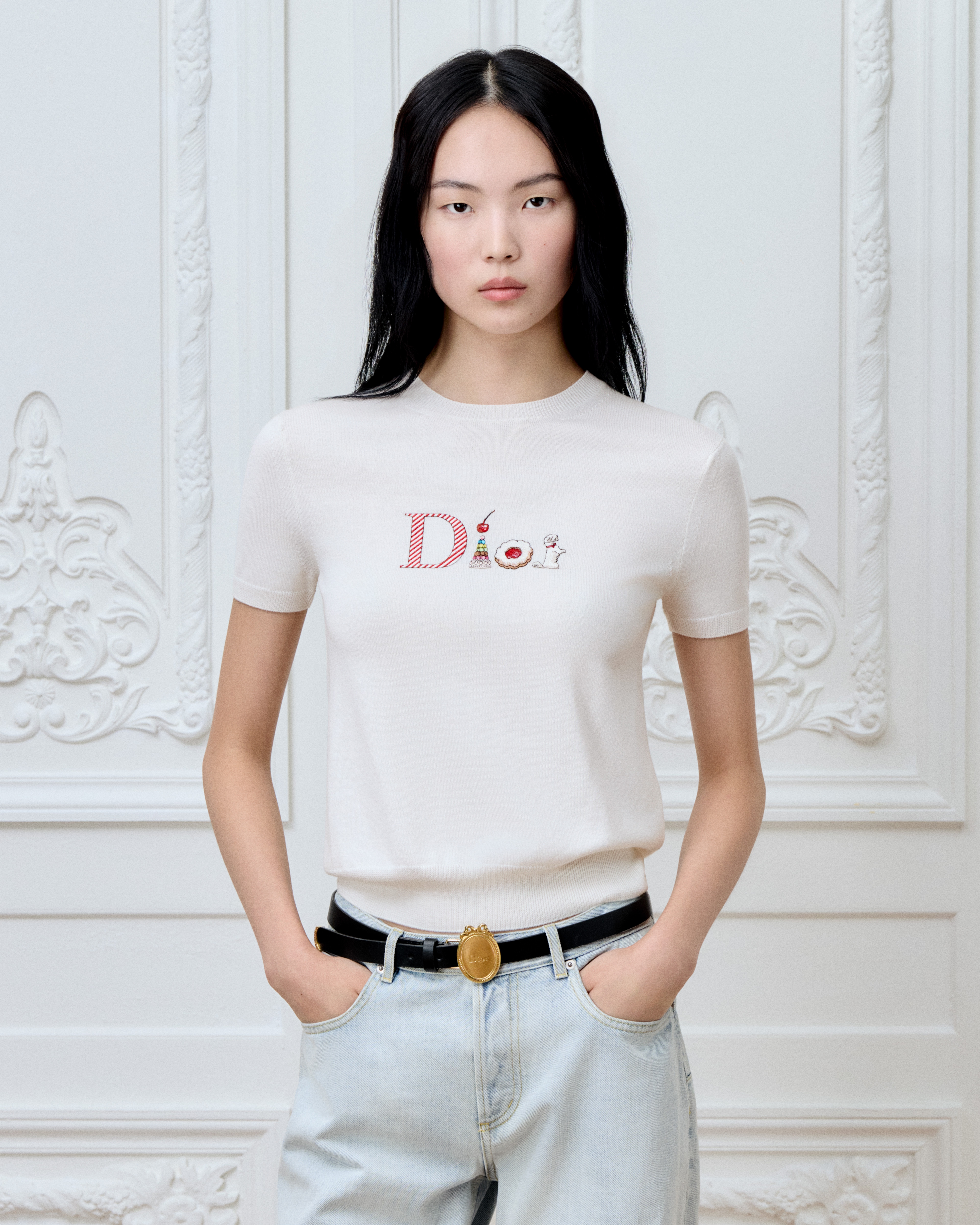 Short-Sleeved Embroidered Sweater White Virgin Wool Knit with ...