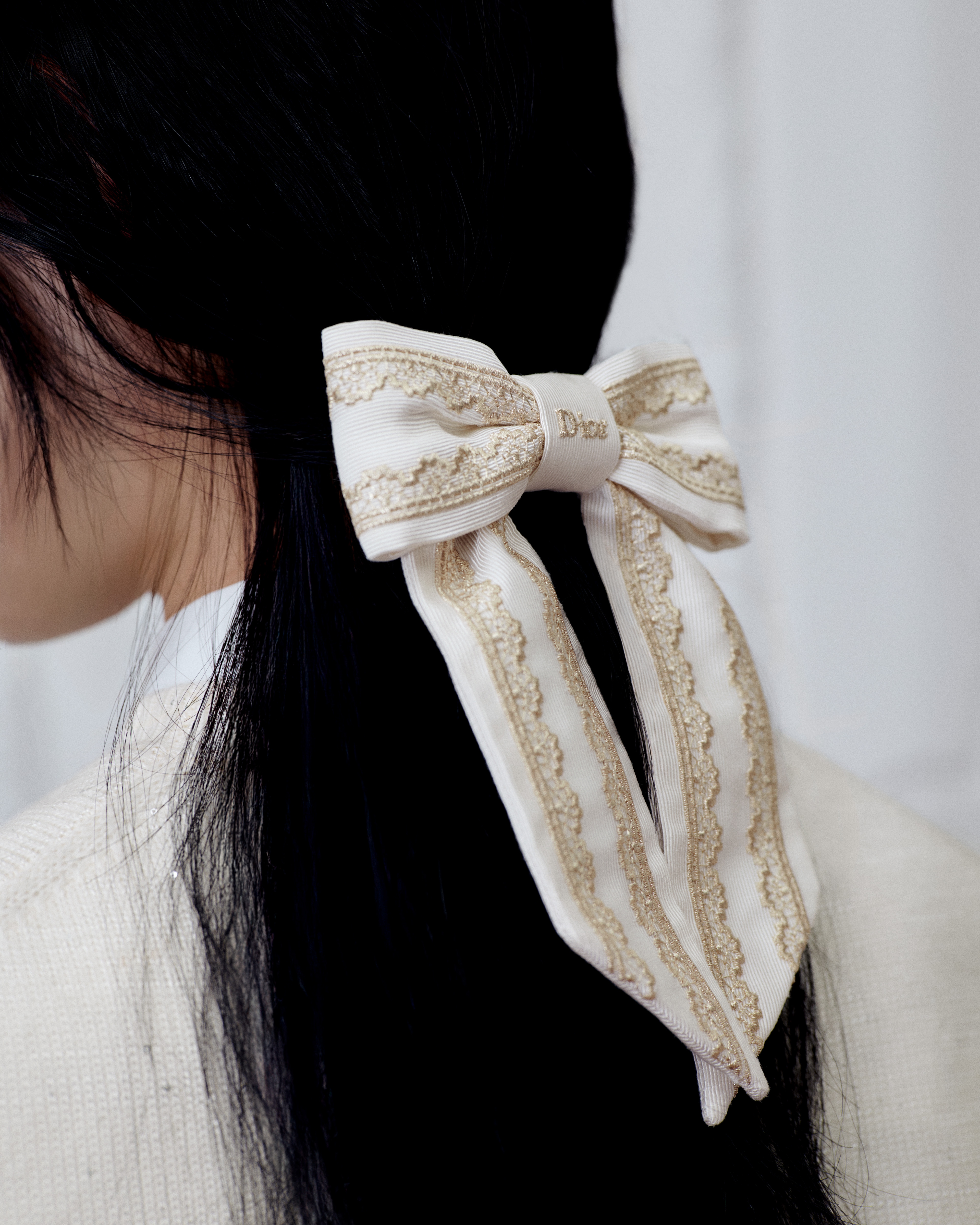 Large Dior Twist Bow Ecru Grosgrain-Effect Technical Fabric Embroidered ...