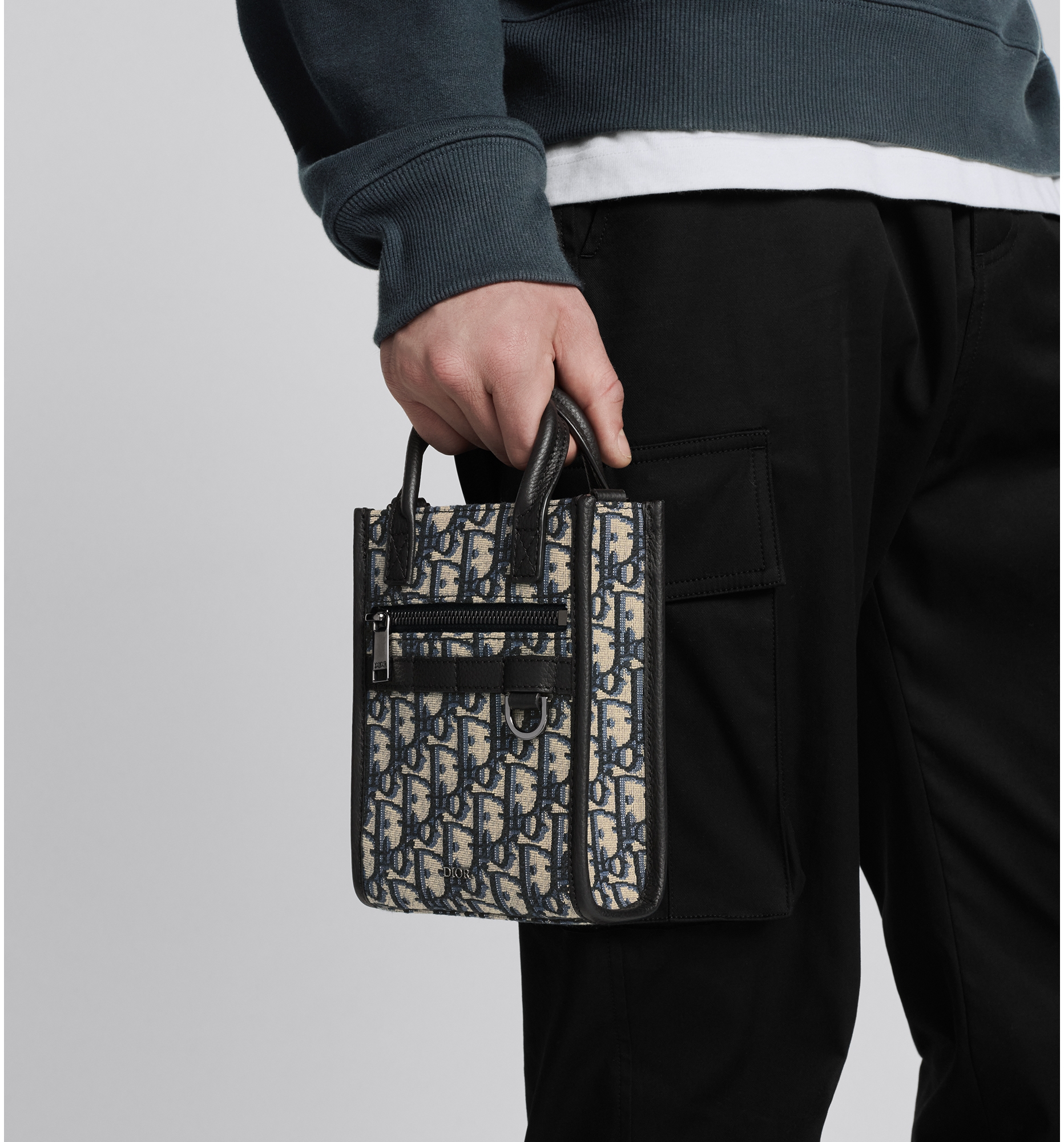 DIOR Safari North South Mini Tote Bag Beige And Black Dior Oblique Jacquard And Black Grained Calfskin Men