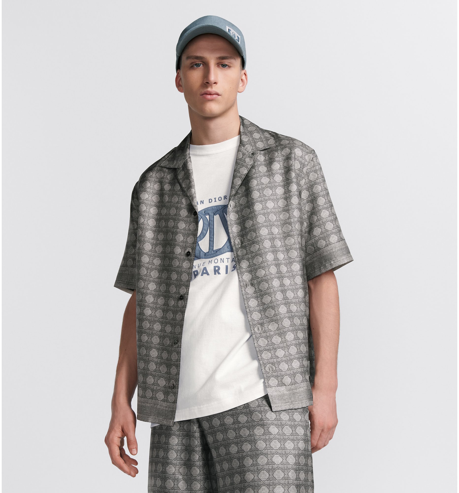 Cannage Short Sleeved Shirt Gray Silk Twill DIOR