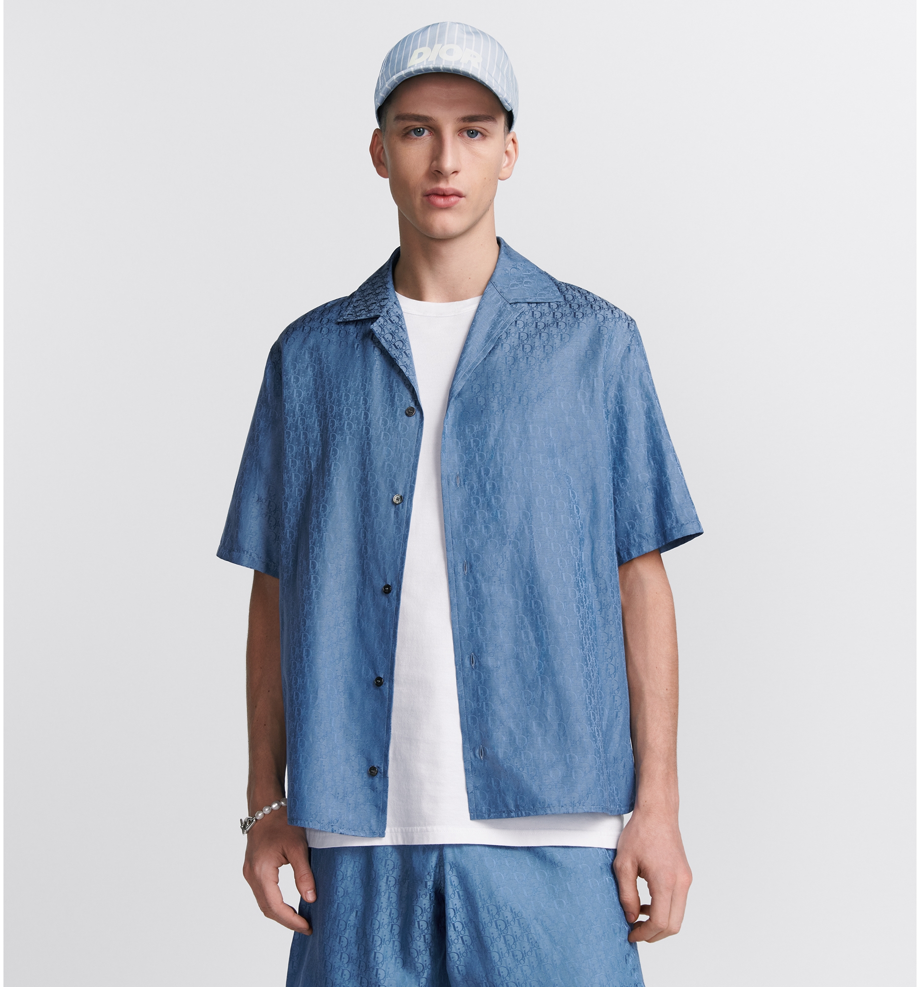 Chemise a manches courtes Dior Oblique Jacquard de soie et coton bleu DIOR
