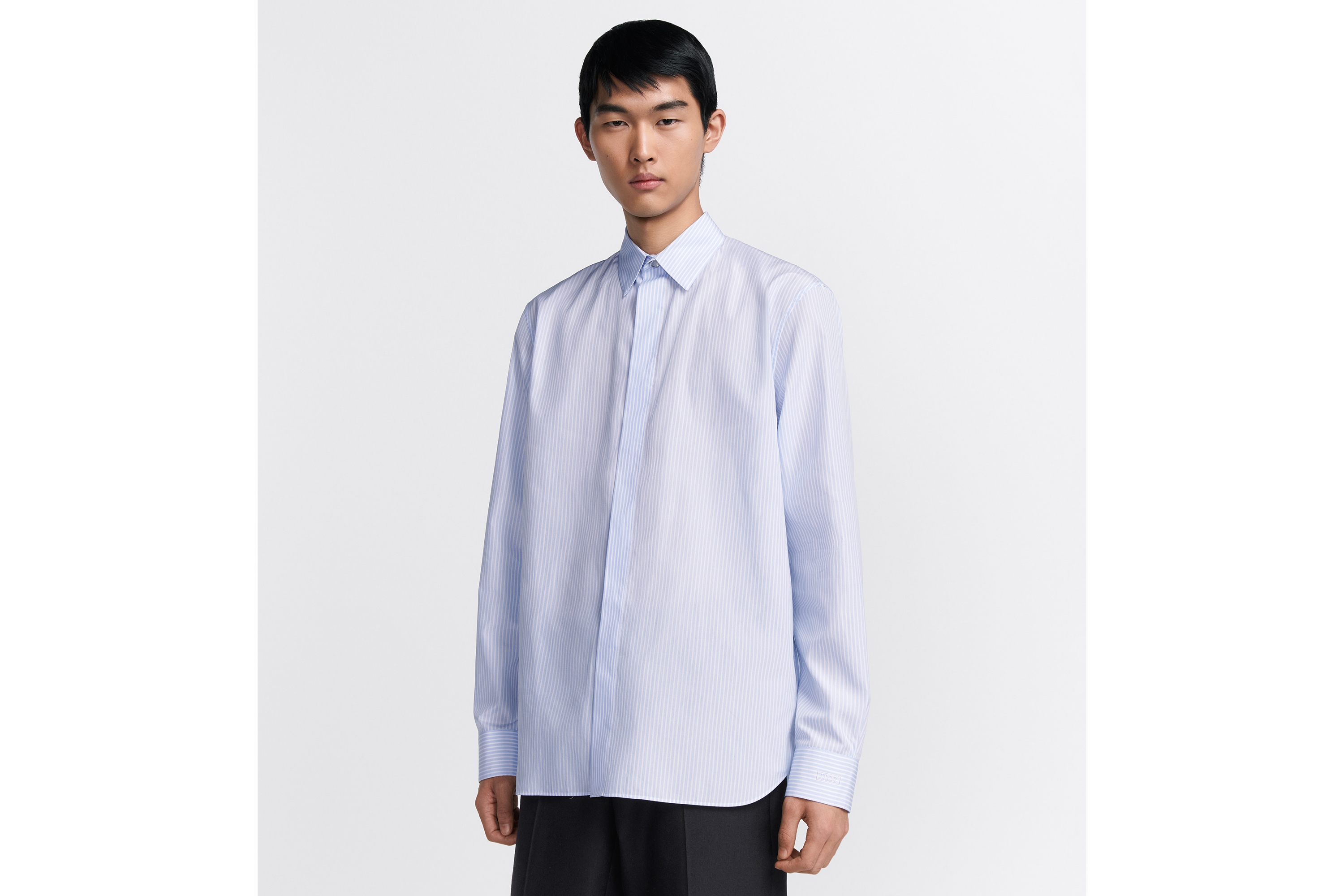 Look Dior Icons Dior Embroidered Shirt White Cotton Poplin with Blue Stripes E07