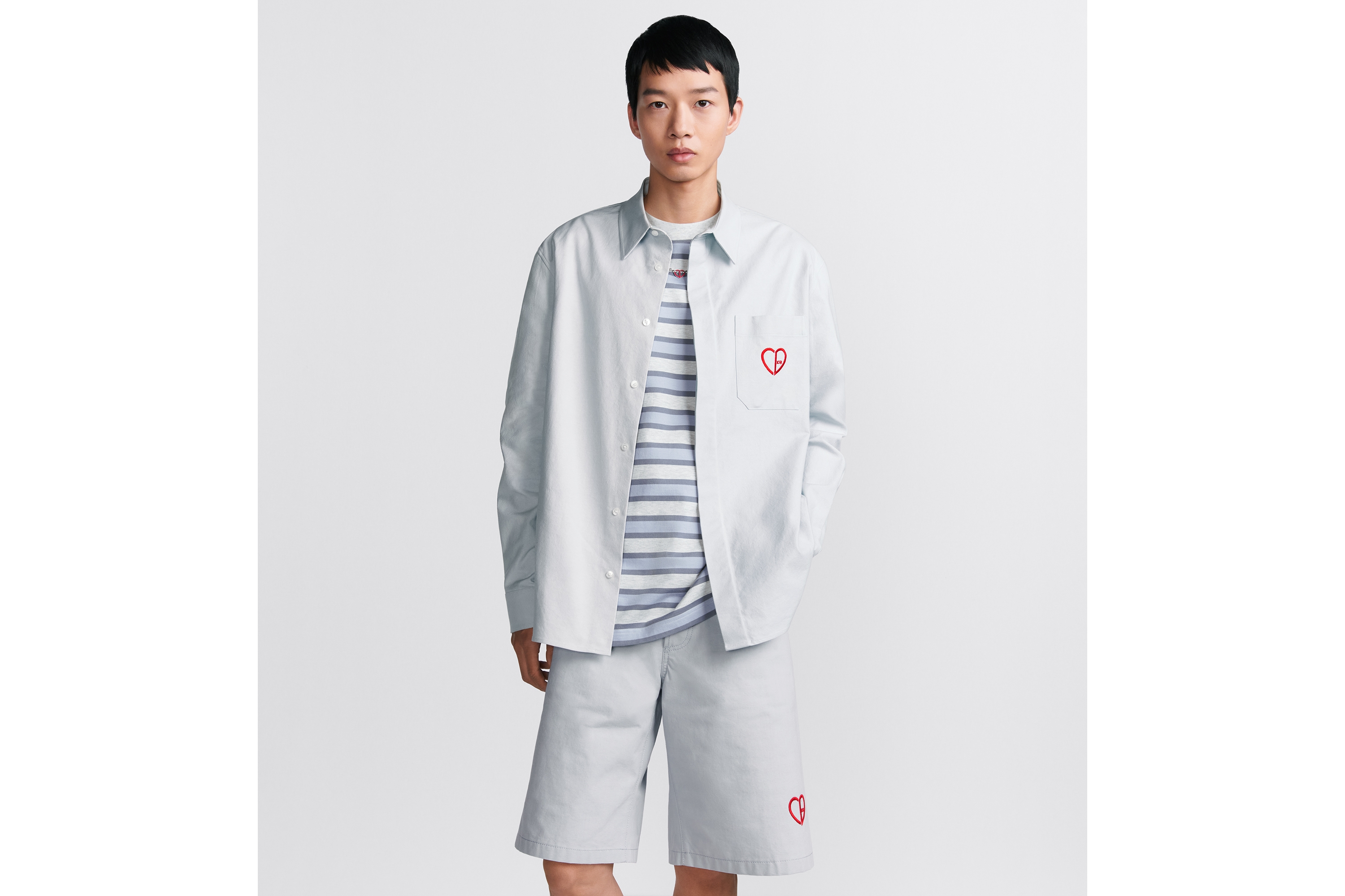CD Heart 자수 셔츠 그레이 코튼 옥스포드 E01