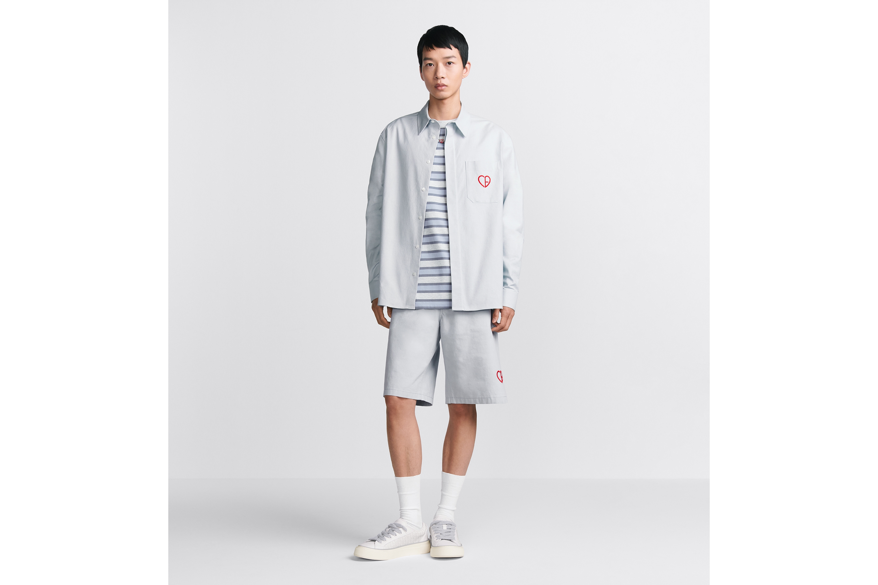 CD Heart 자수 셔츠 그레이 코튼 옥스포드 E02