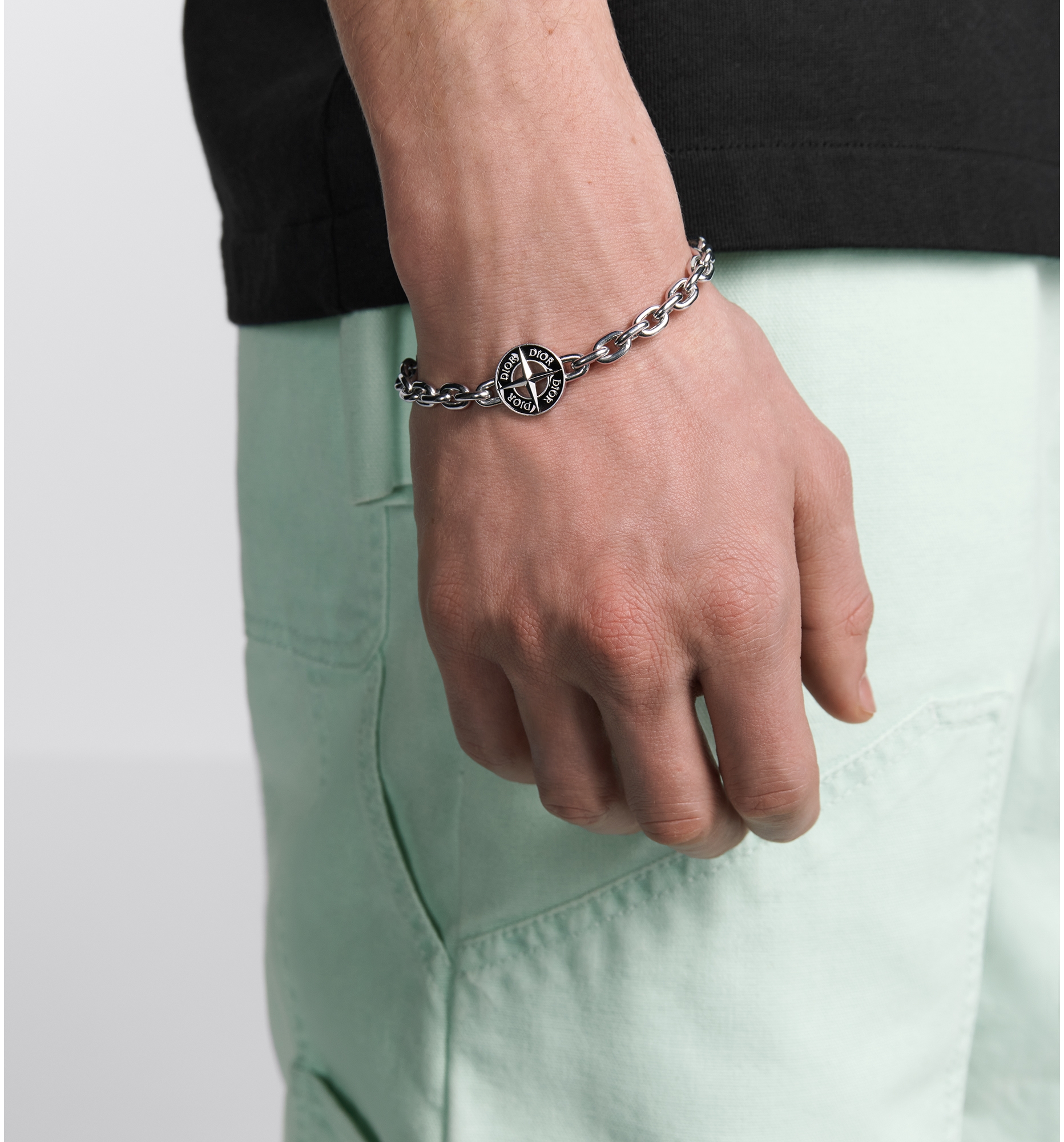 DIOR AND STONE ISLAND Bracelet Silver Finish Brass and Black Resin DIOR