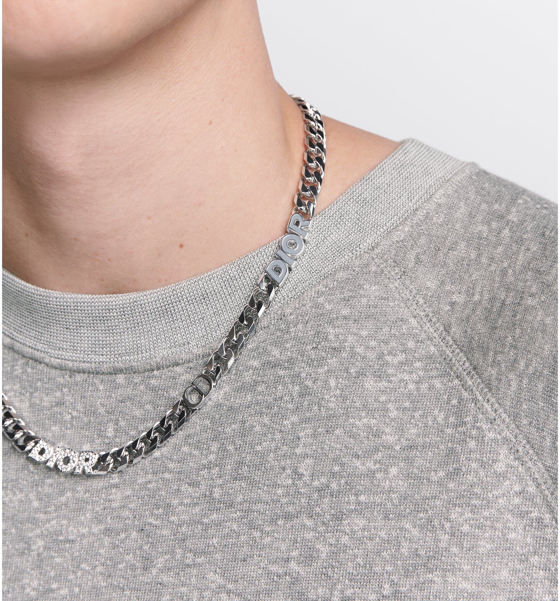 Dior Italic Chain Link Necklace Silver Finish Brass with White Crystals and Black and Gray Resin DIOR