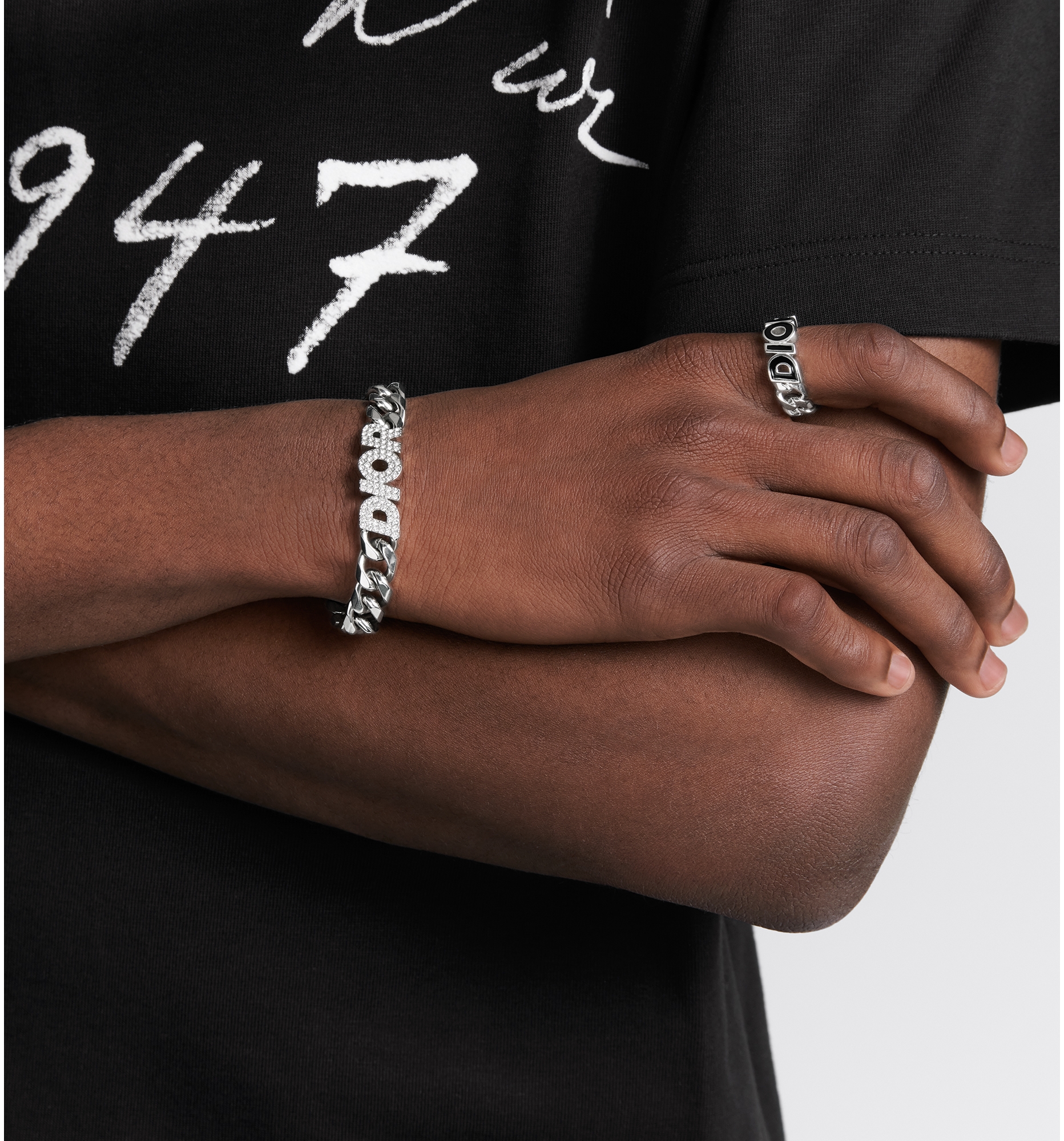 Dior Italic Chain Link Bracelet Silver Finish Brass and White Crystals DIOR