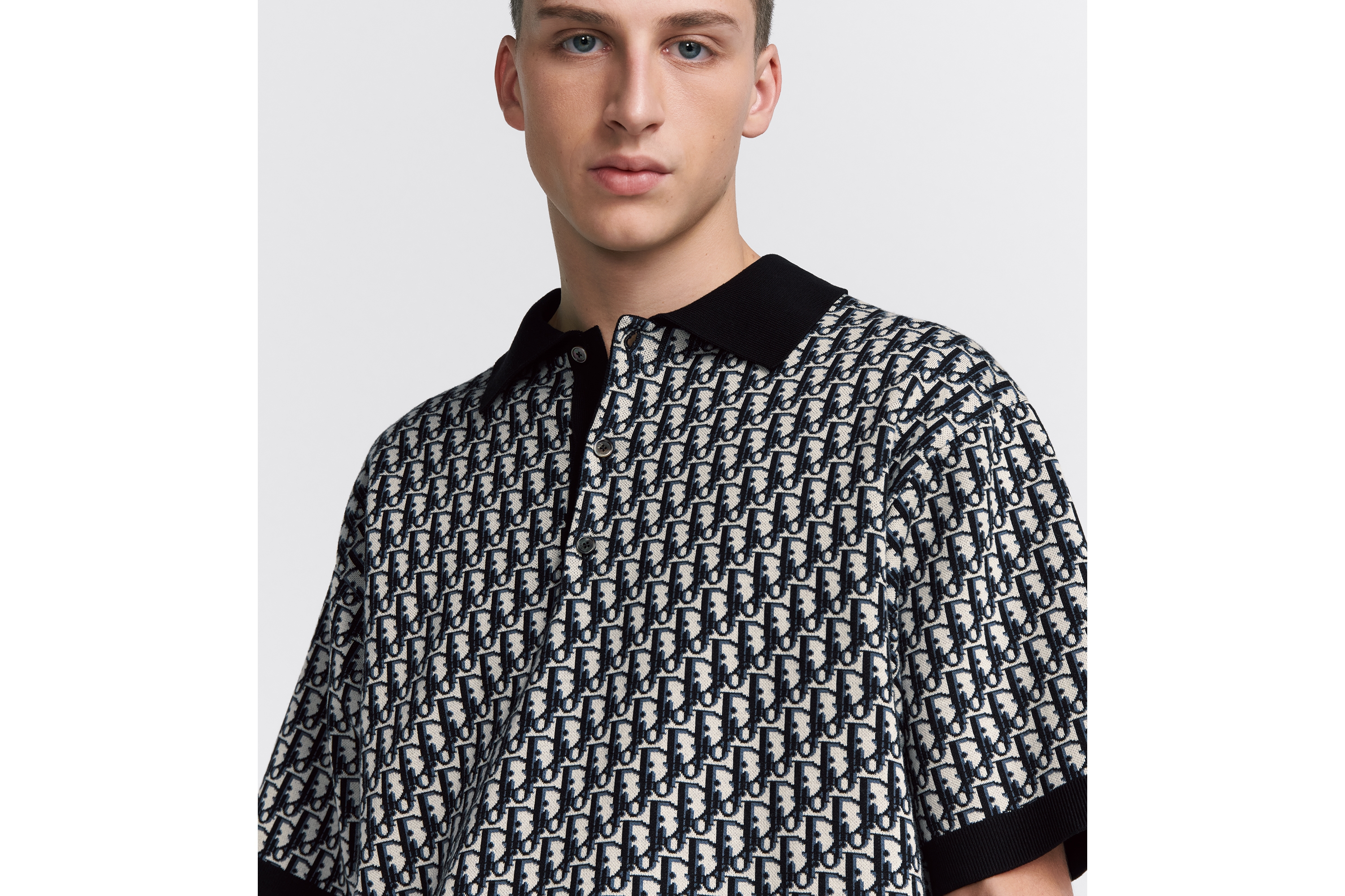 Look Dior Oblique Polo Shirt Beige, Blue and Black Cotton Jacquard E10