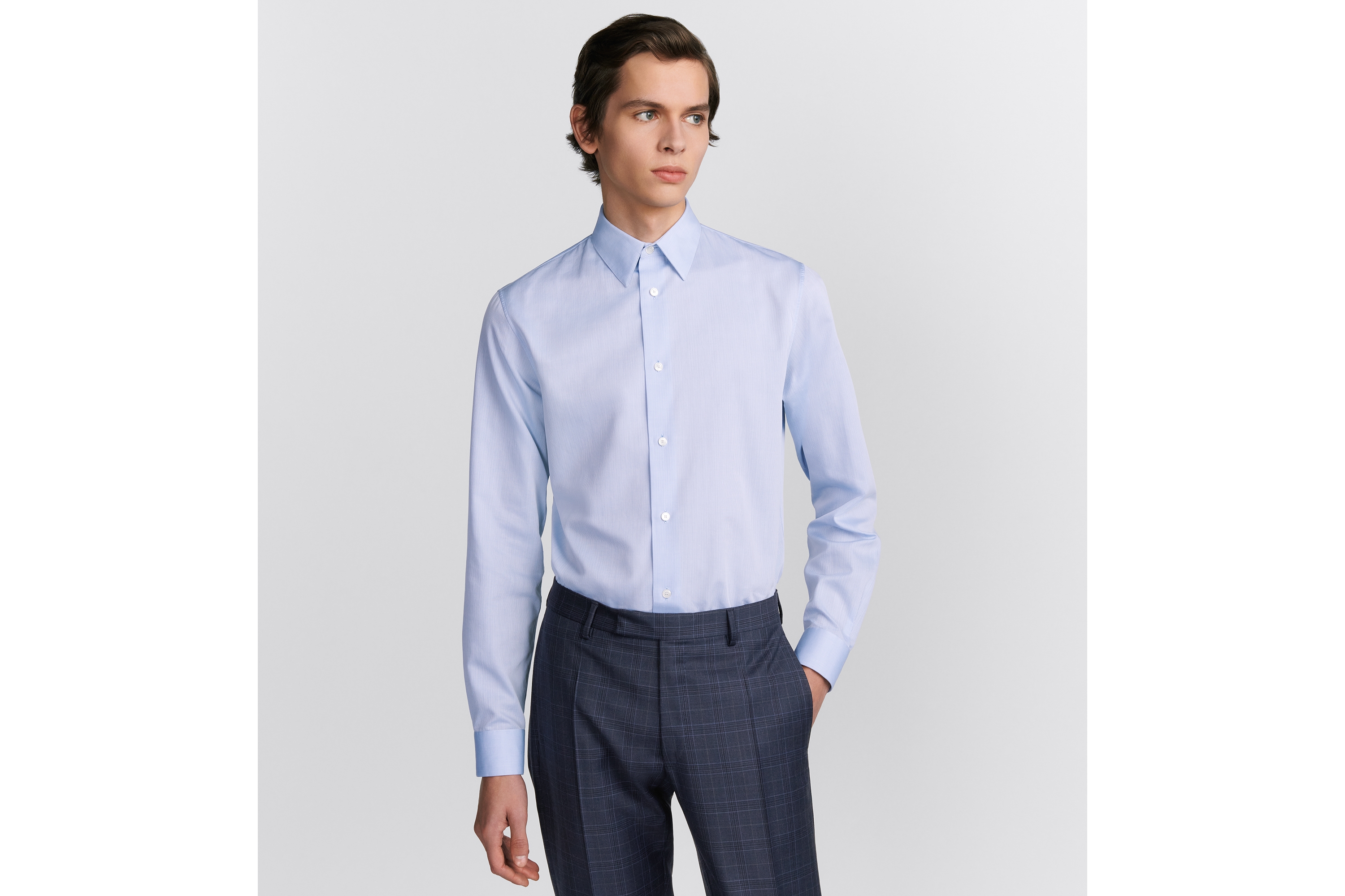 Shirt with CD Embroidered Cuff Blue Checkered Cotton Poplin E07