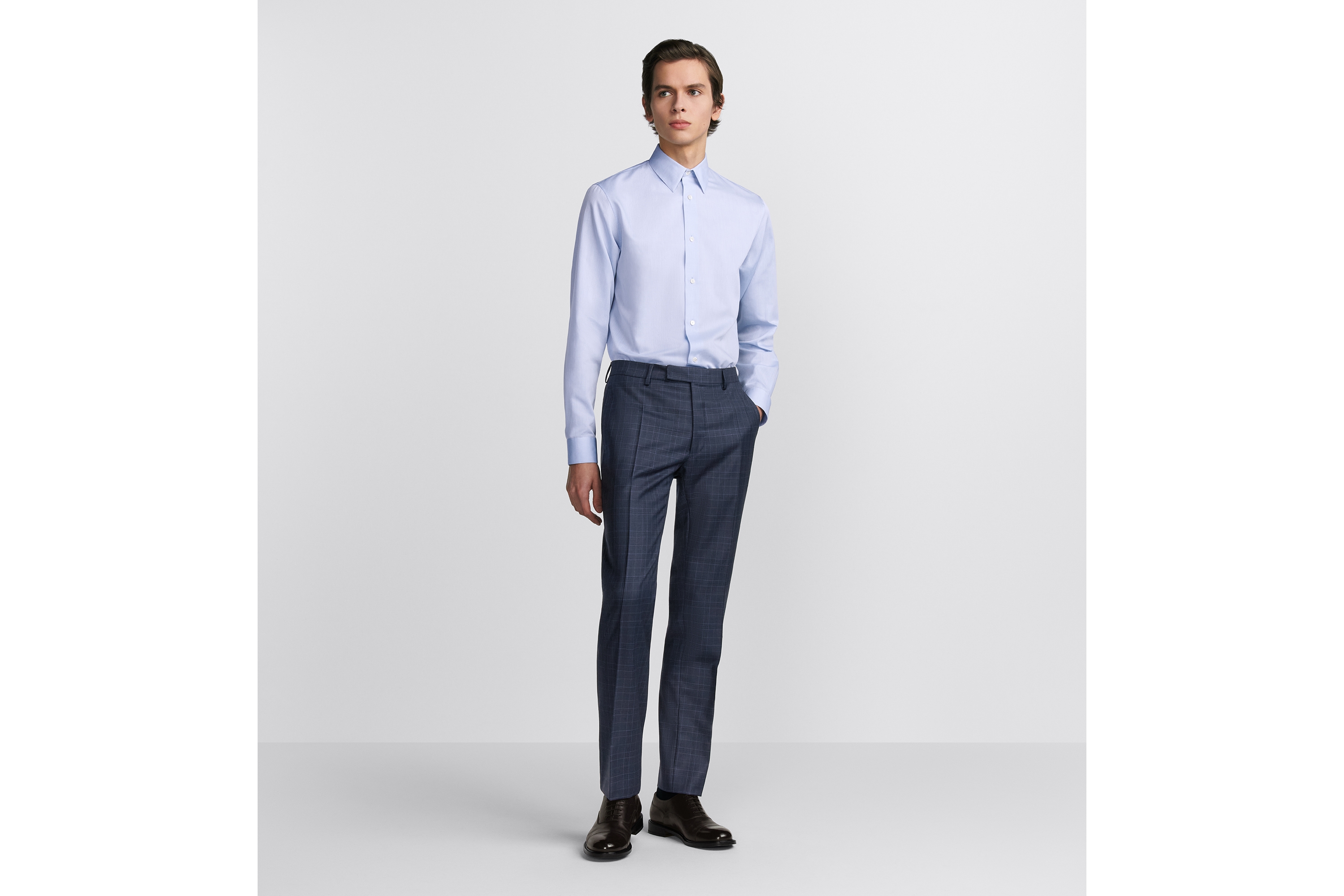 Shirt with CD Embroidered Cuff Blue Checkered Cotton Poplin E08