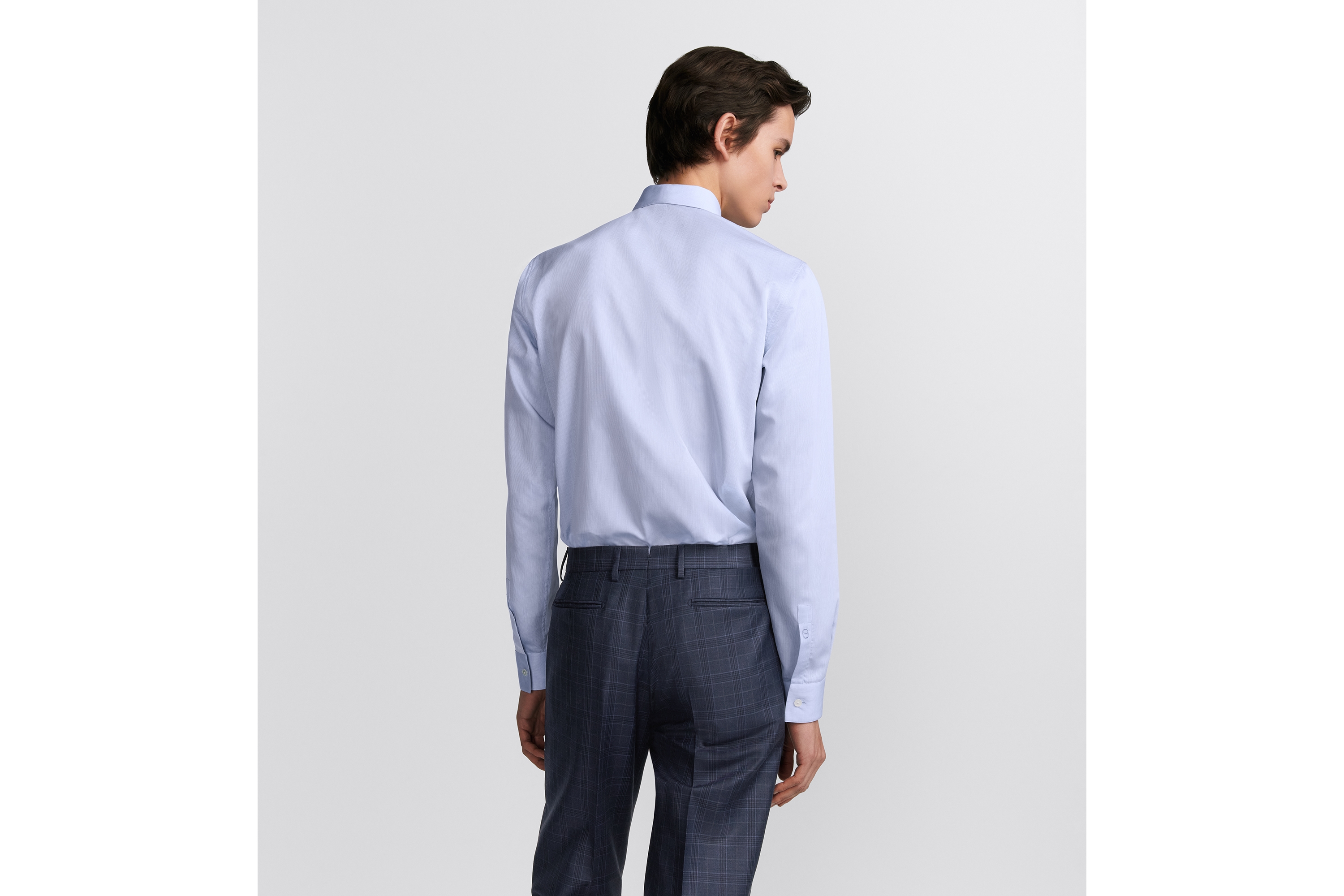 Shirt with CD Embroidered Cuff Blue Checkered Cotton Poplin E09