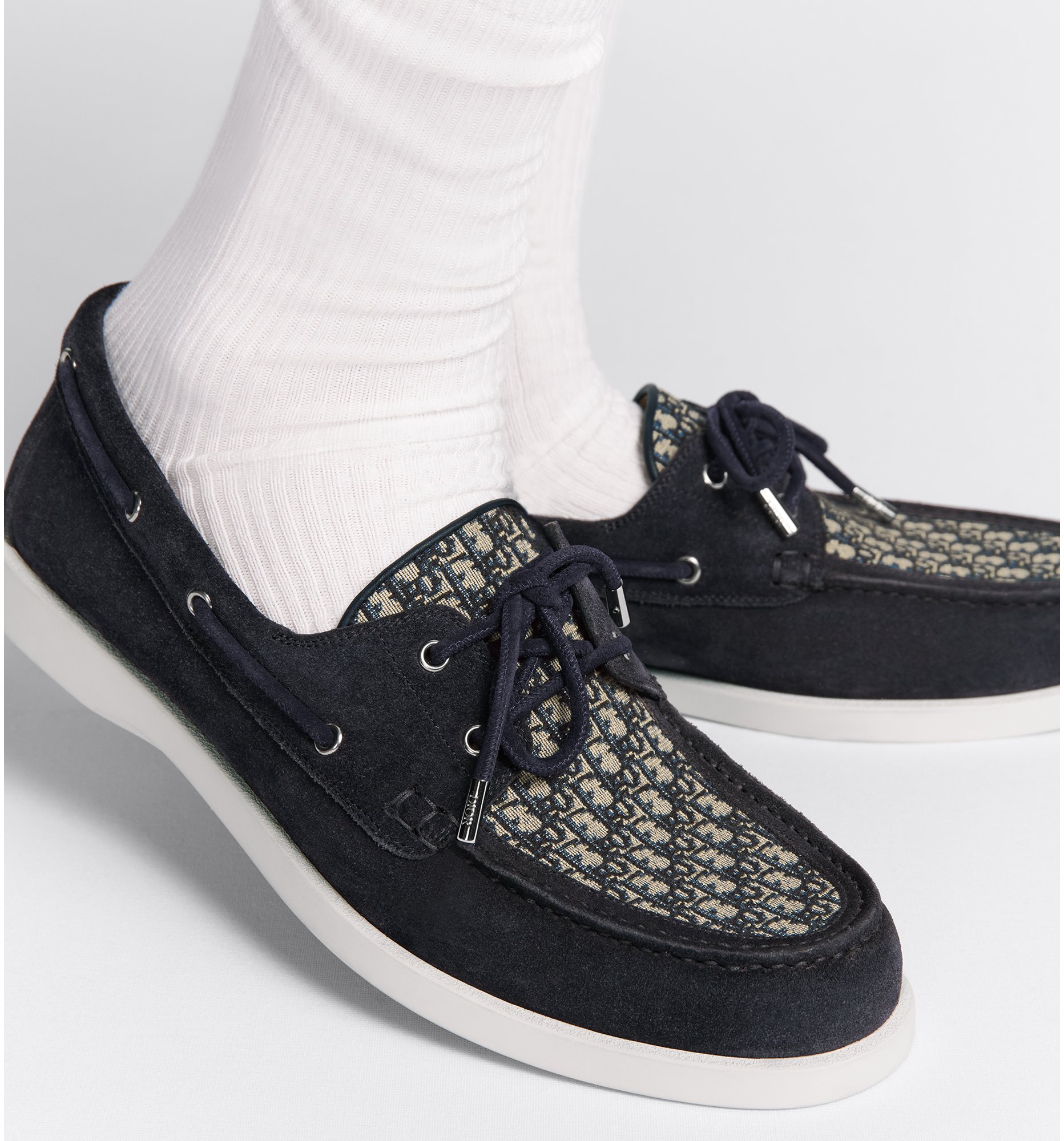 Dior Granville Boat Shoe Navy Blue Suede With Beige And Black Dior Obl –  Sands