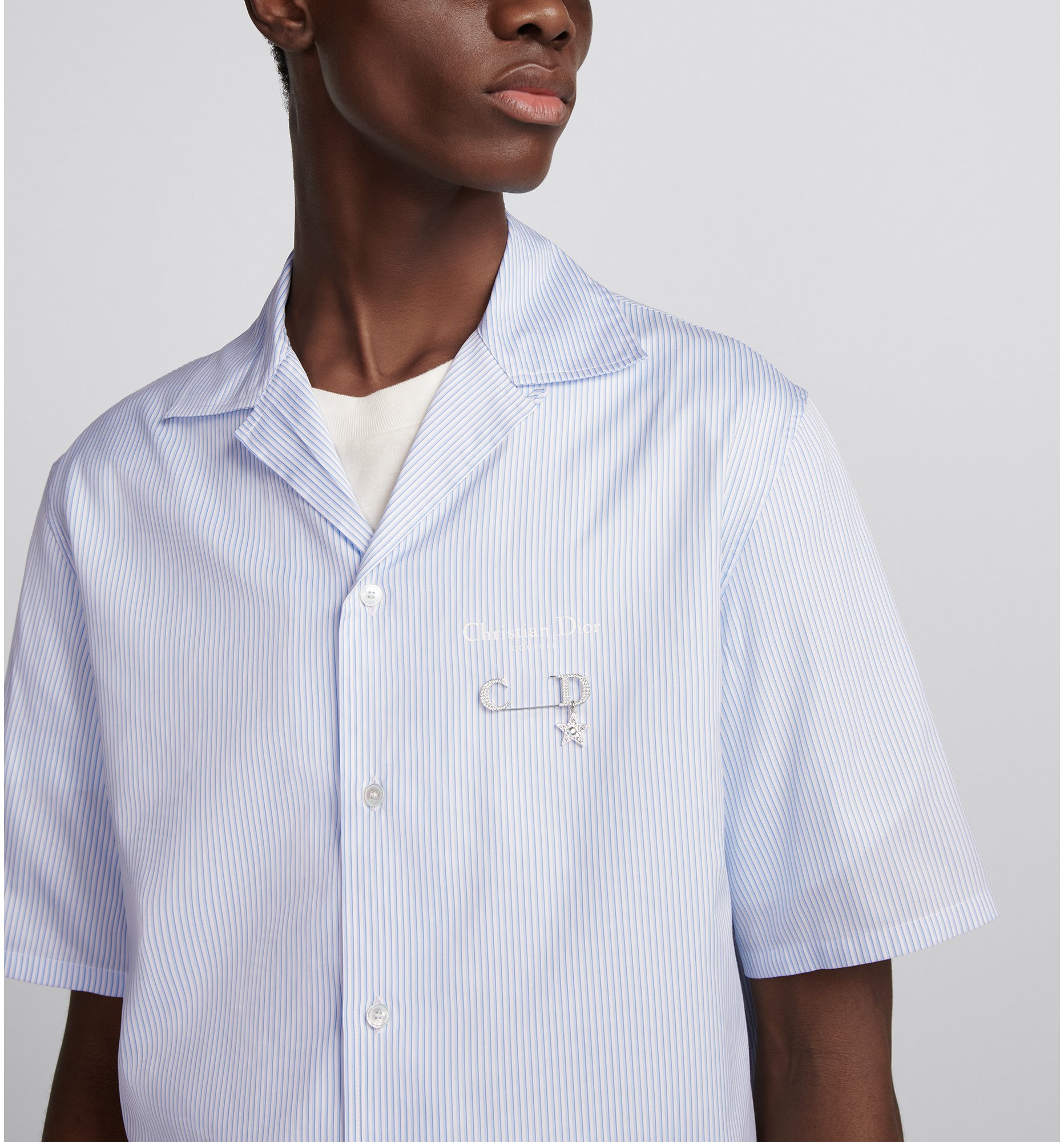 Christian Dior Couture Short-Sleeved Shirt White Cotton and Silk Poplin  with Blue Stripes | DIOR