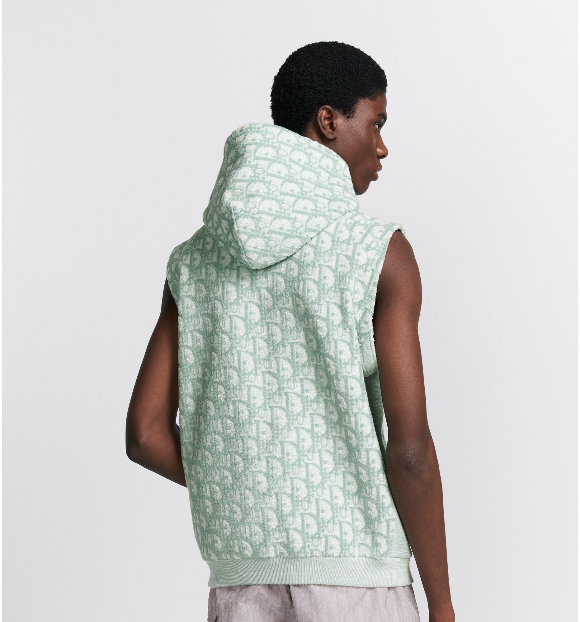 Felpa con cappuccio senza maniche Dior Oblique Jersey di spugna di cotone verde e bianco DIOR