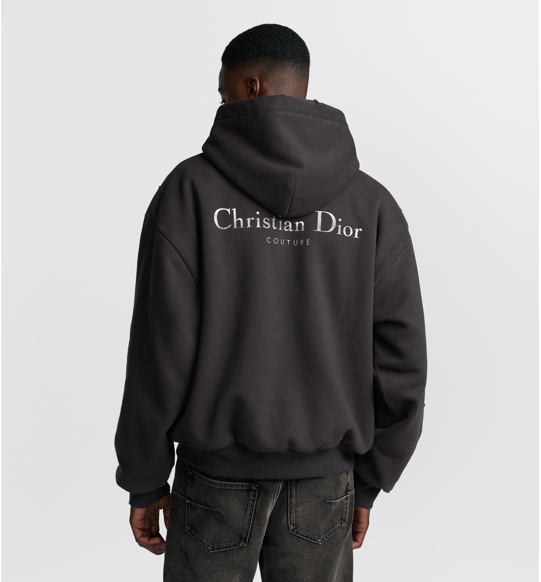 Christian Dior Couture Hooded Lined Sweatshirt Black Distressed Effect Cotton Fleece DIOR
