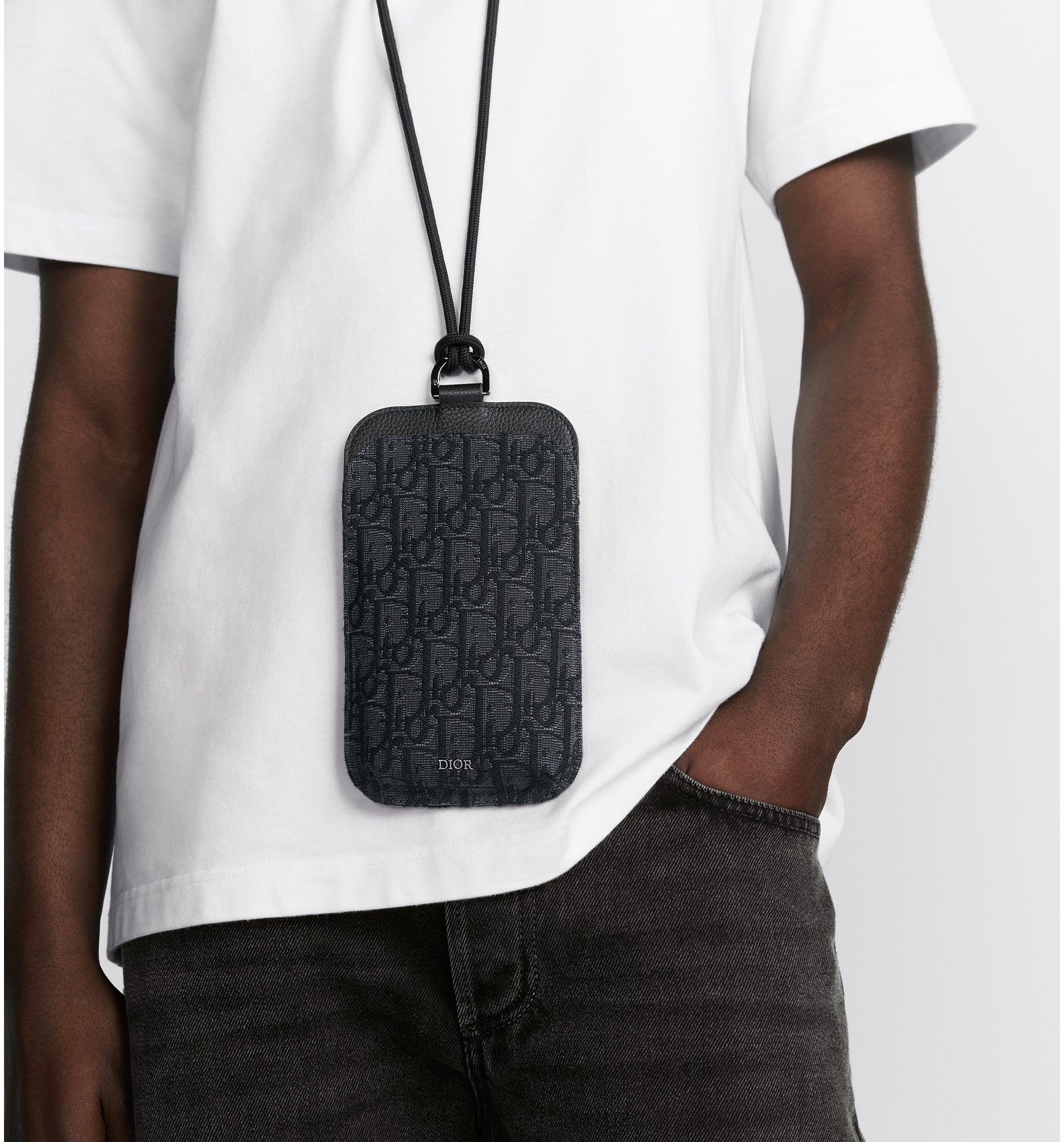 Phone Pouch Black Dior Oblique Jacquard and Black Grained Calfskin DIOR