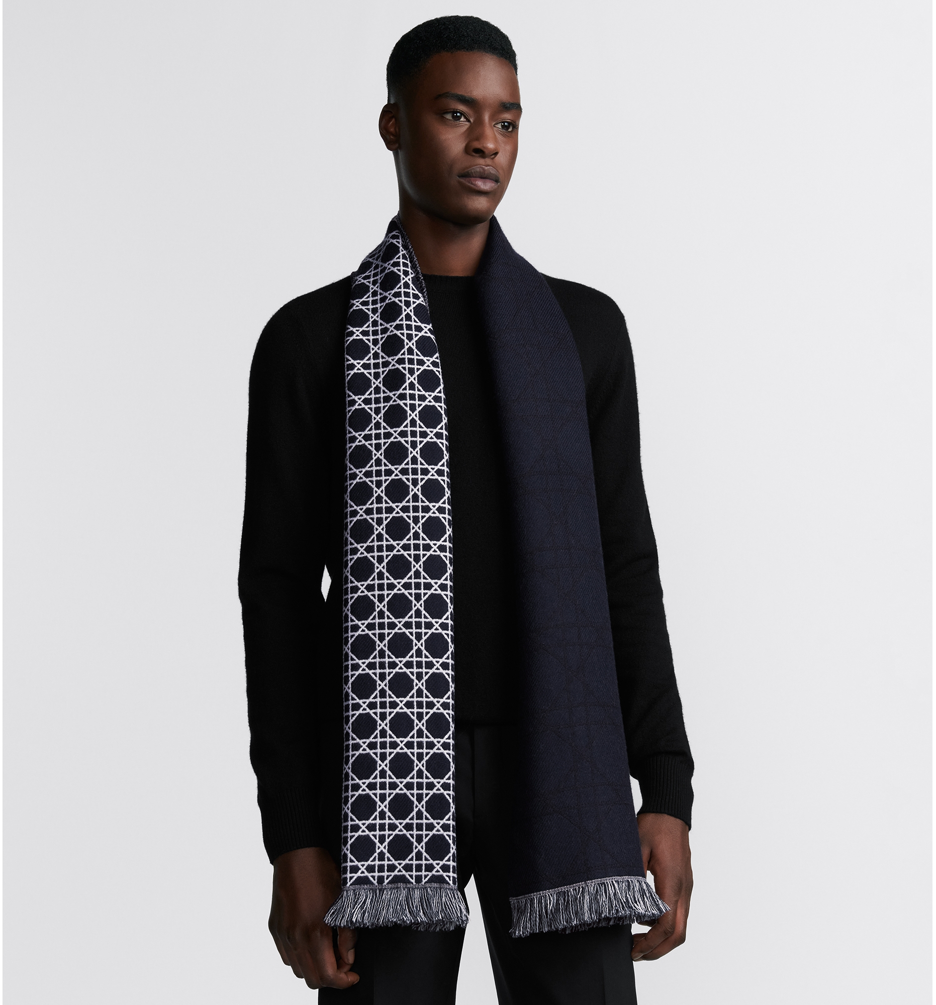 Striped Cannage Scarf Navy Blue, Gray and White Wool DIOR