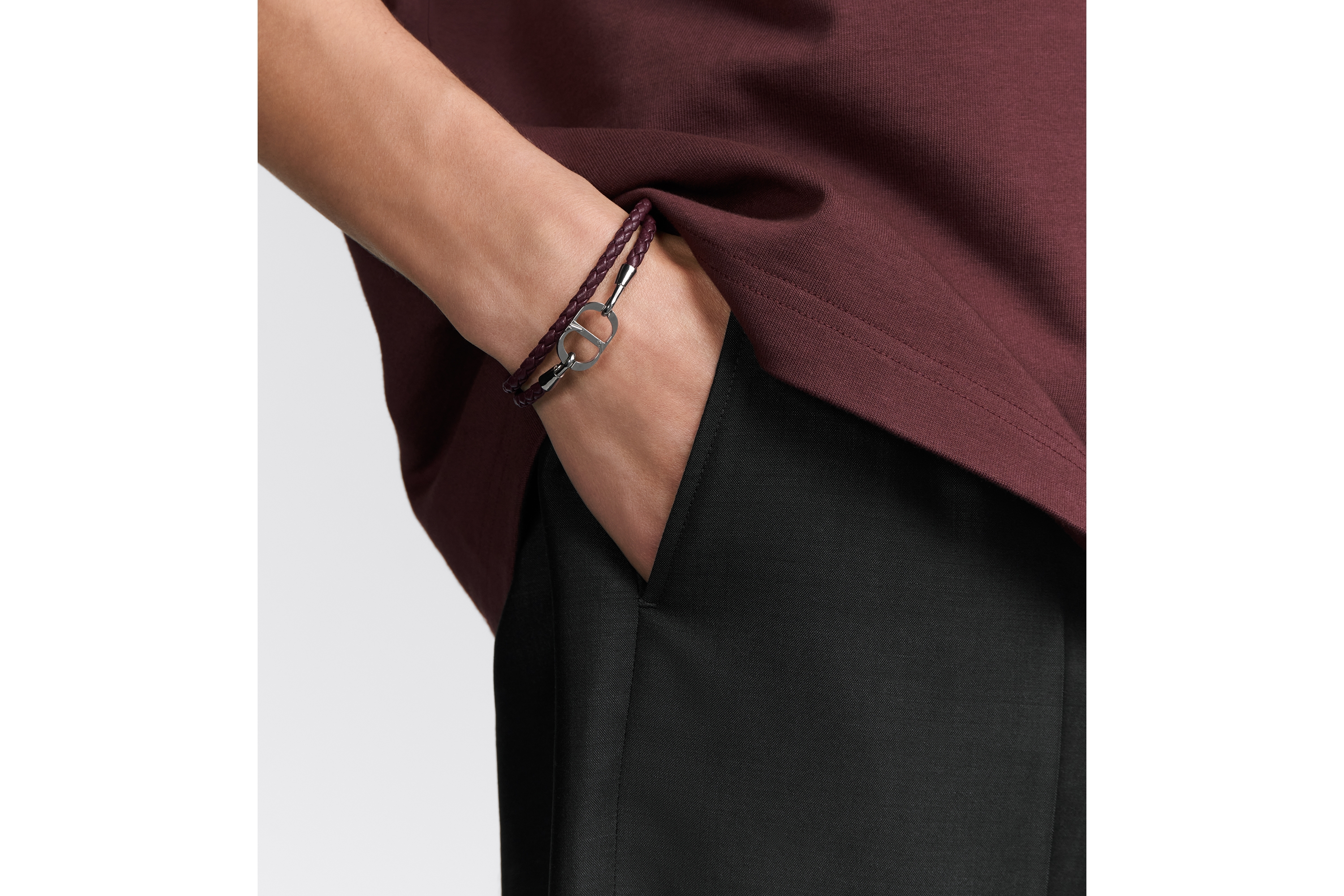 Look CD Icon Braided Leather Double Bracelet Burgundy Lambskin and Silver-Finish Brass E39