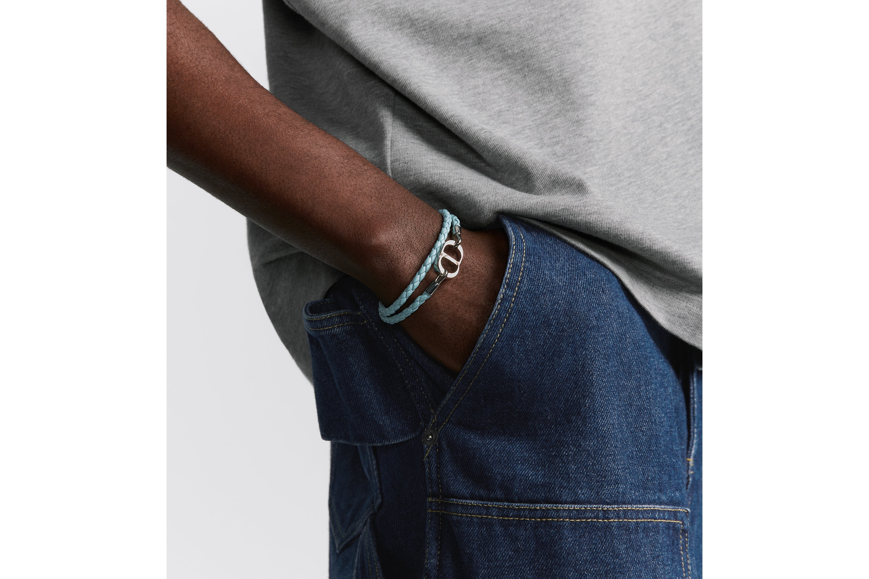 Look CD Icon Braided Leather Double Bracelet Blue Lambskin and Silver-Finish Brass E39