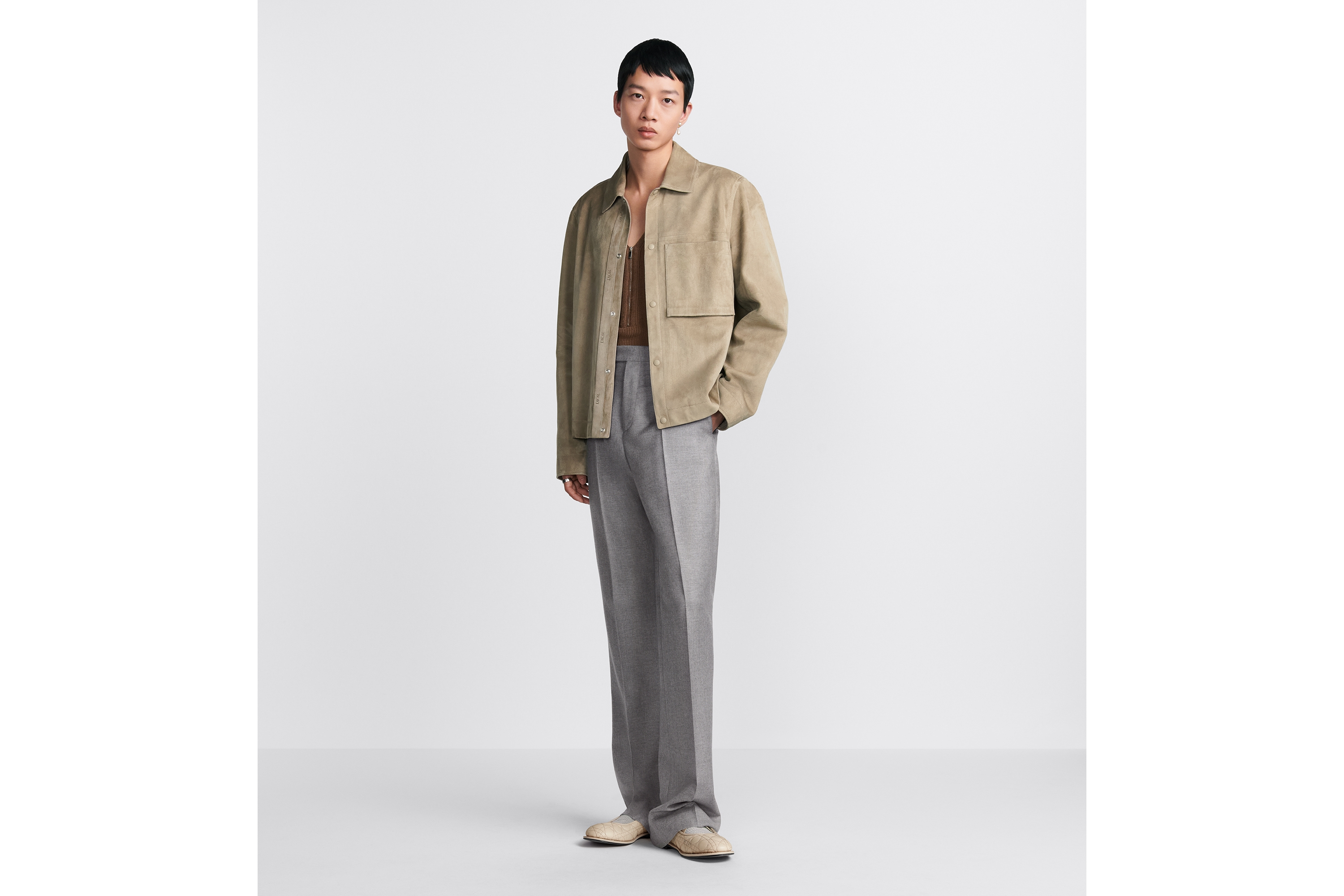 Look Blouson Cuir d'agneau suédé beige E02