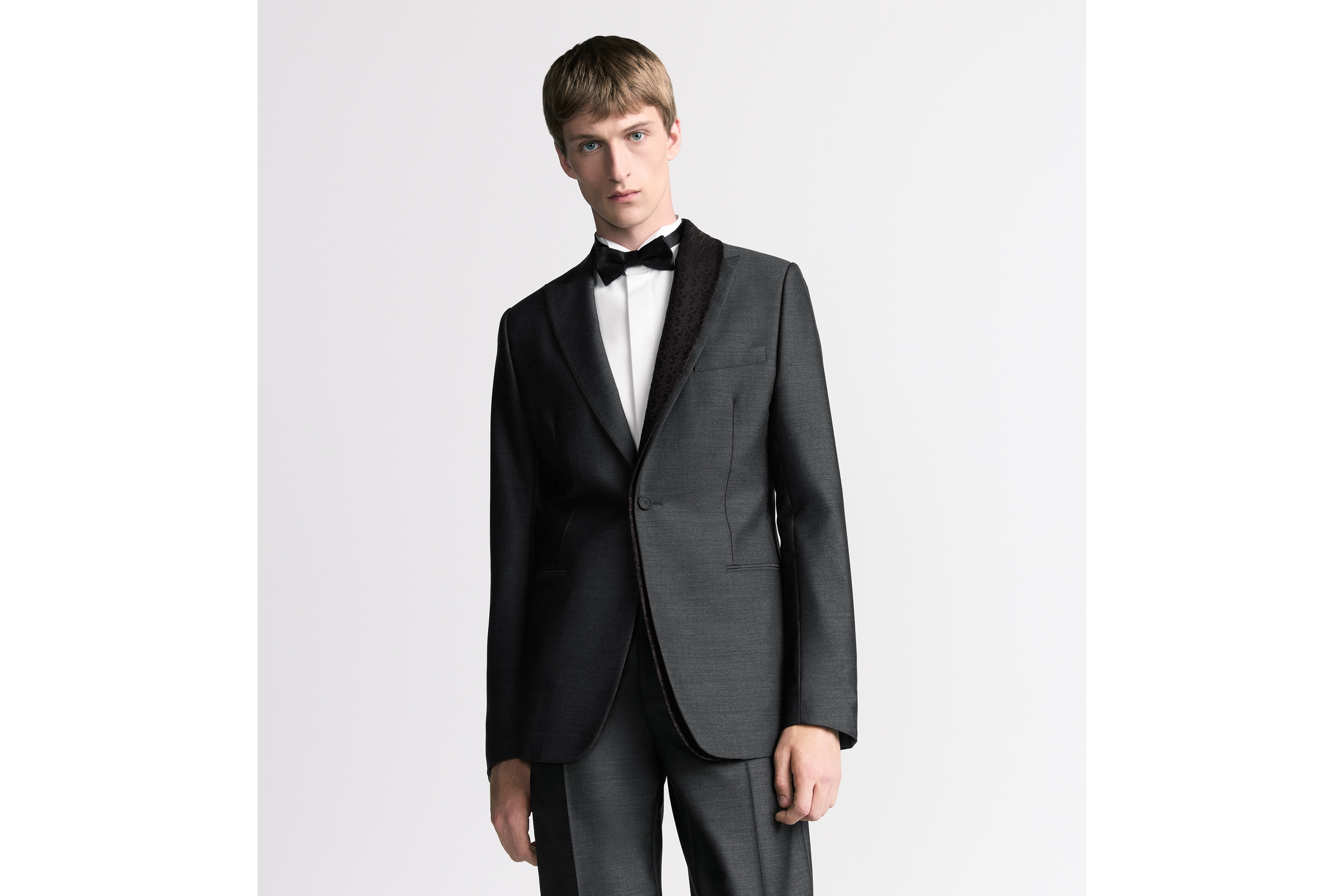 Jacket with Asymmetric Shawl Collar Gray Wool and Mohair Twill E01