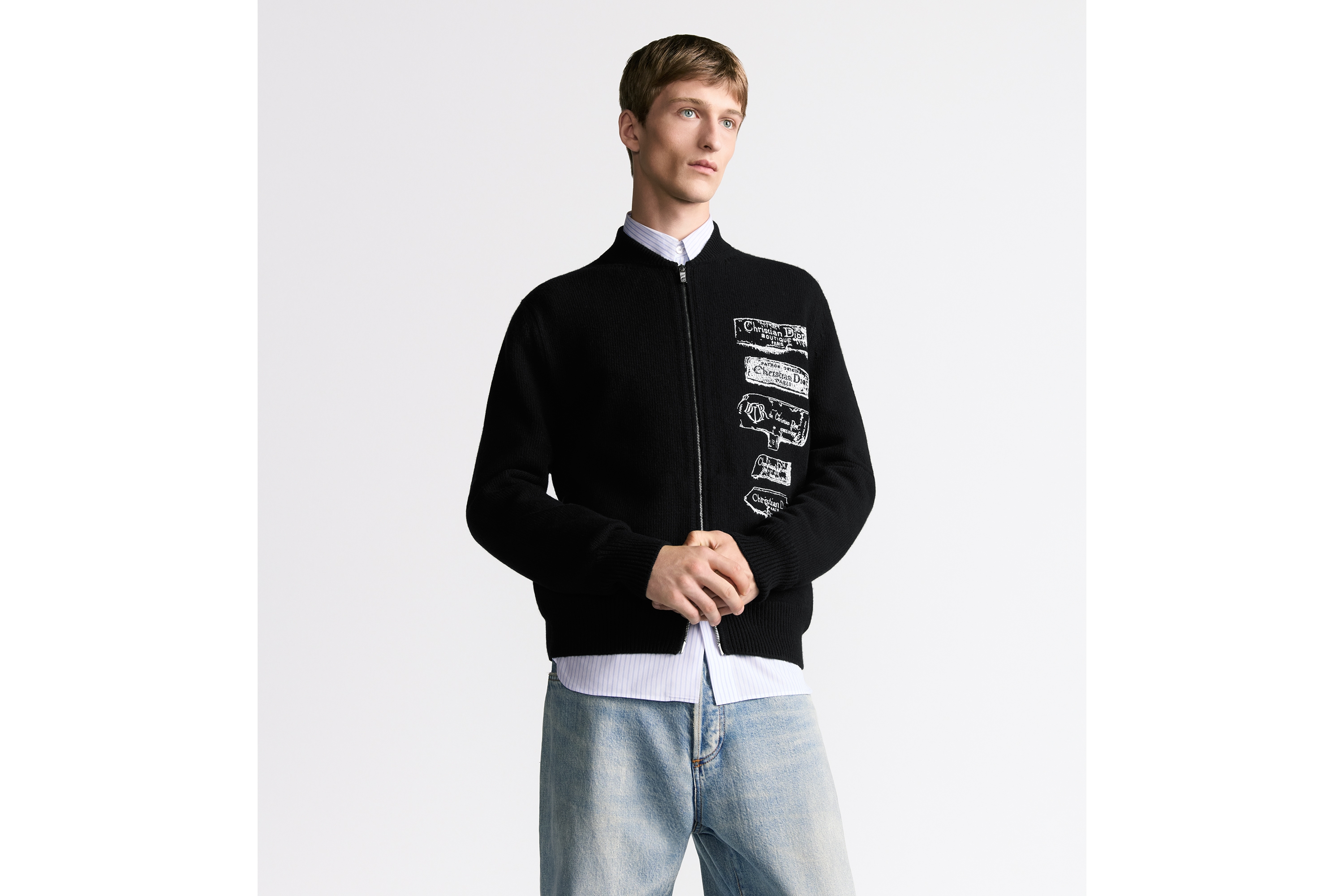 Look Dior Archives Labels Cardigan Black Wool Knit E07