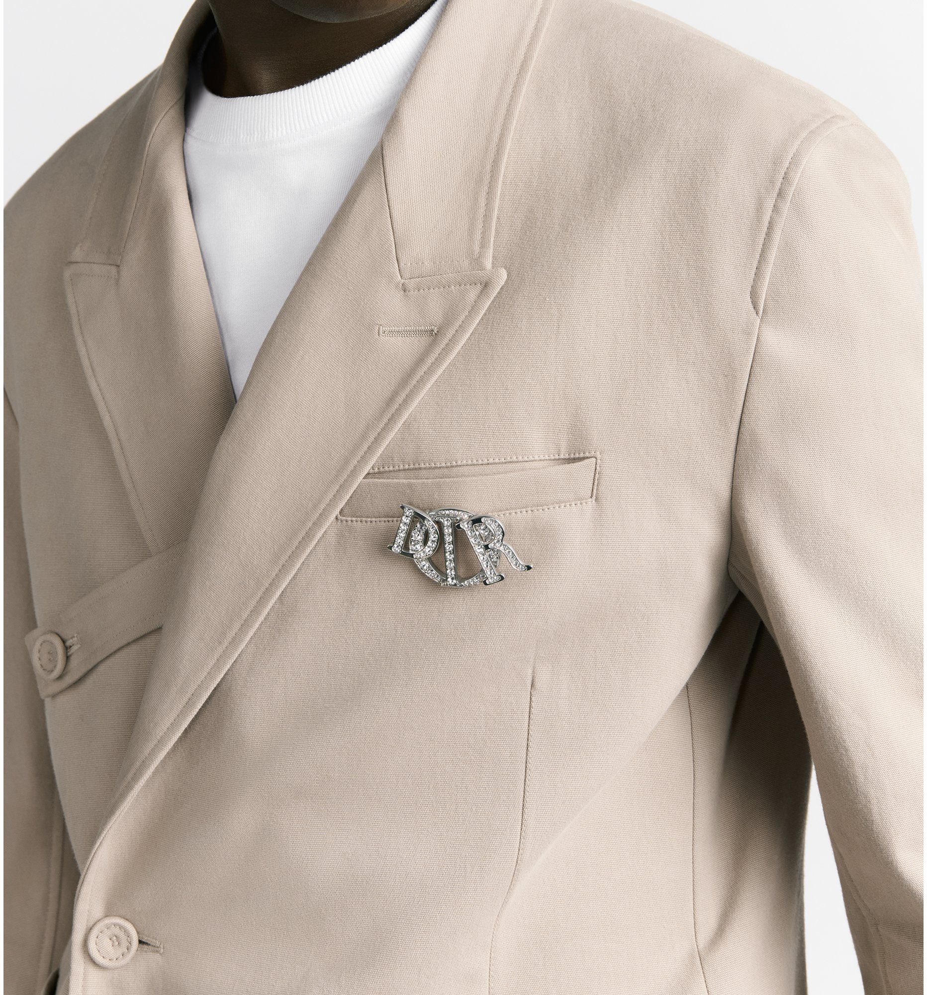 aria_look Oblique Jacket with Buttoned Strap and CD Icon Embroidery Three quarter opened view