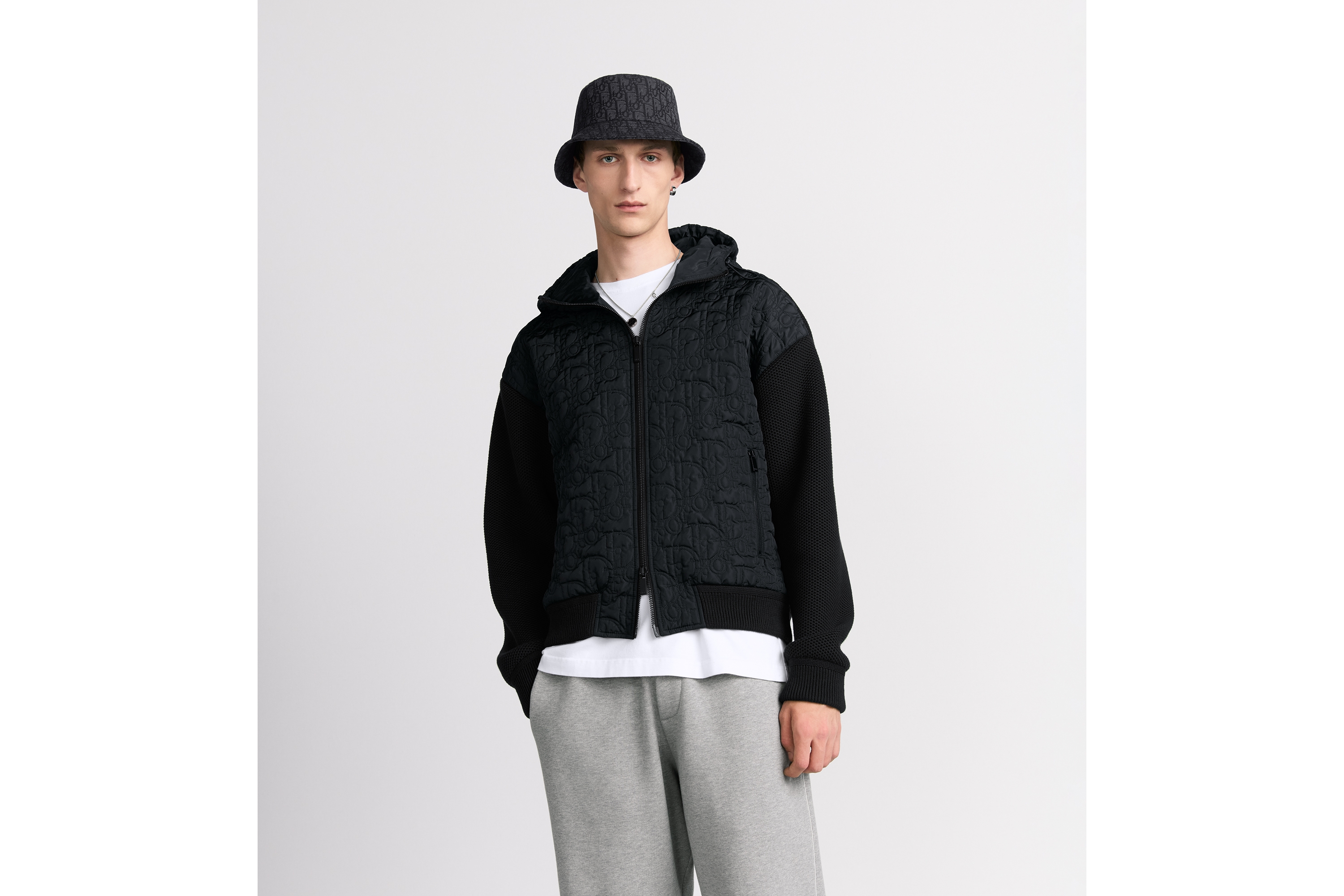 Look Dior Oblique Hooded Blouson Jacket Black Cotton-Blend Knit E01