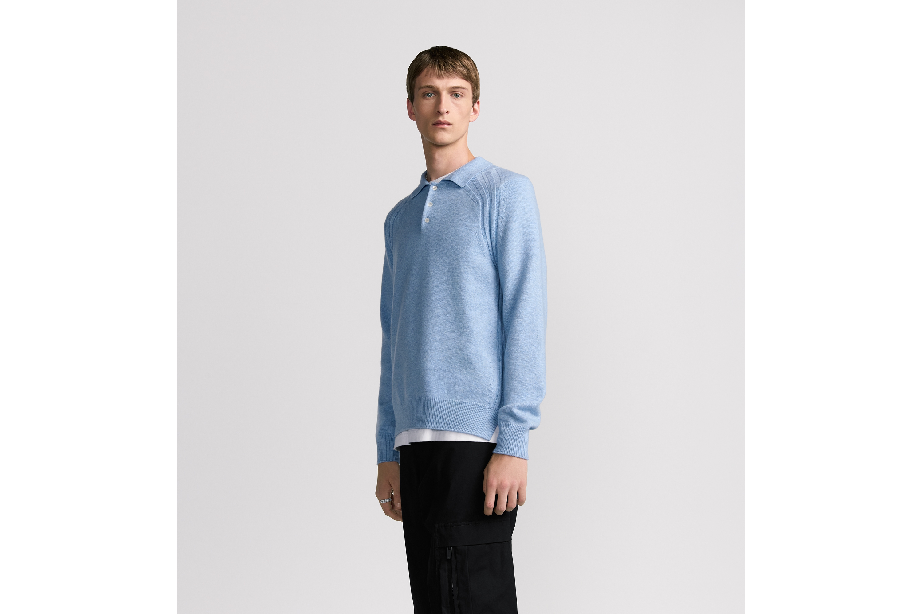 Look Dior Icons Long-Sleeved Polo Shirt Blue Cashmere Jersey E07