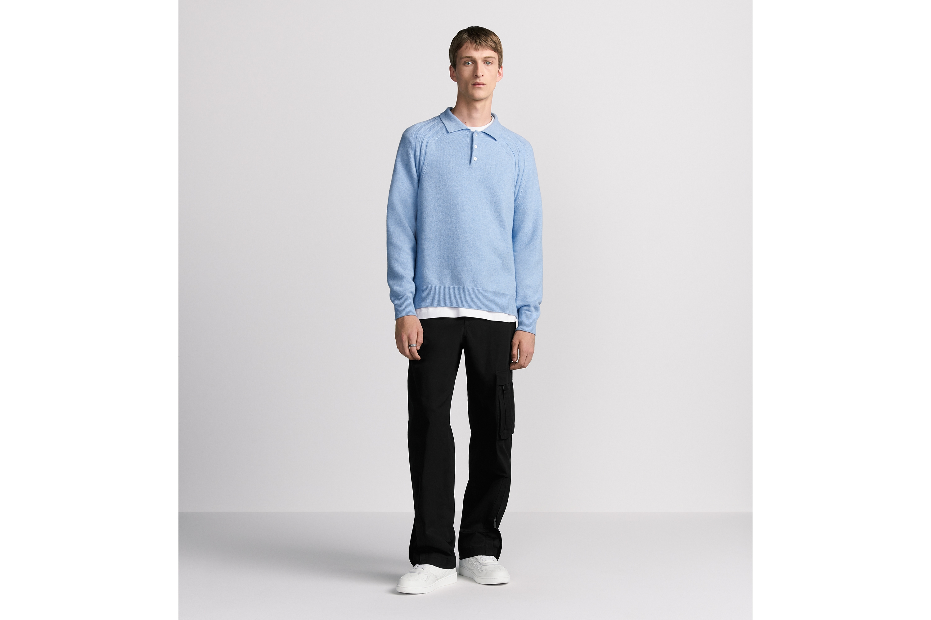 Look Dior Icons Long-Sleeved Polo Shirt Blue Cashmere Jersey E08
