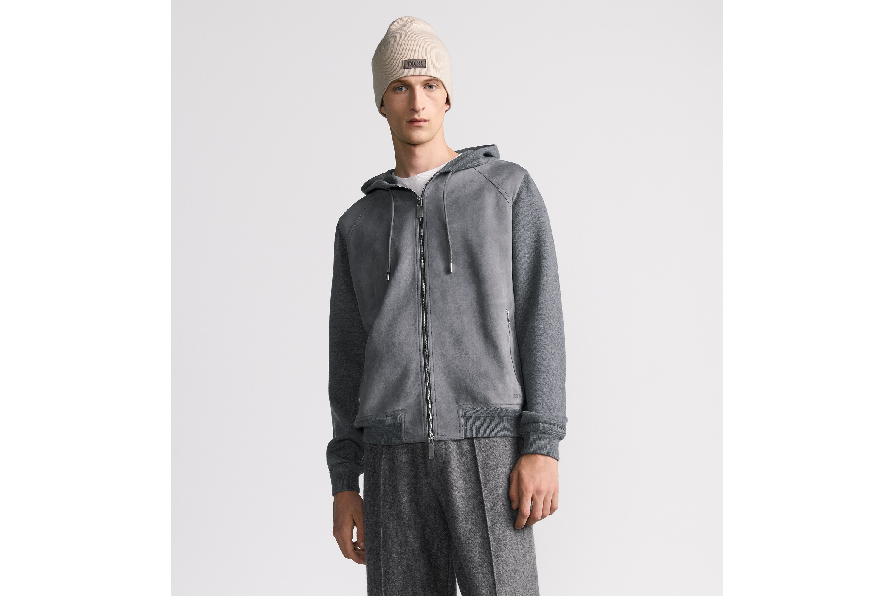 look_image_alt_prefix Dior Icons 지퍼 후드 스웨트셔츠 그레이 버진 울 푼토 밀라노 니트 & 스웨이드 E07