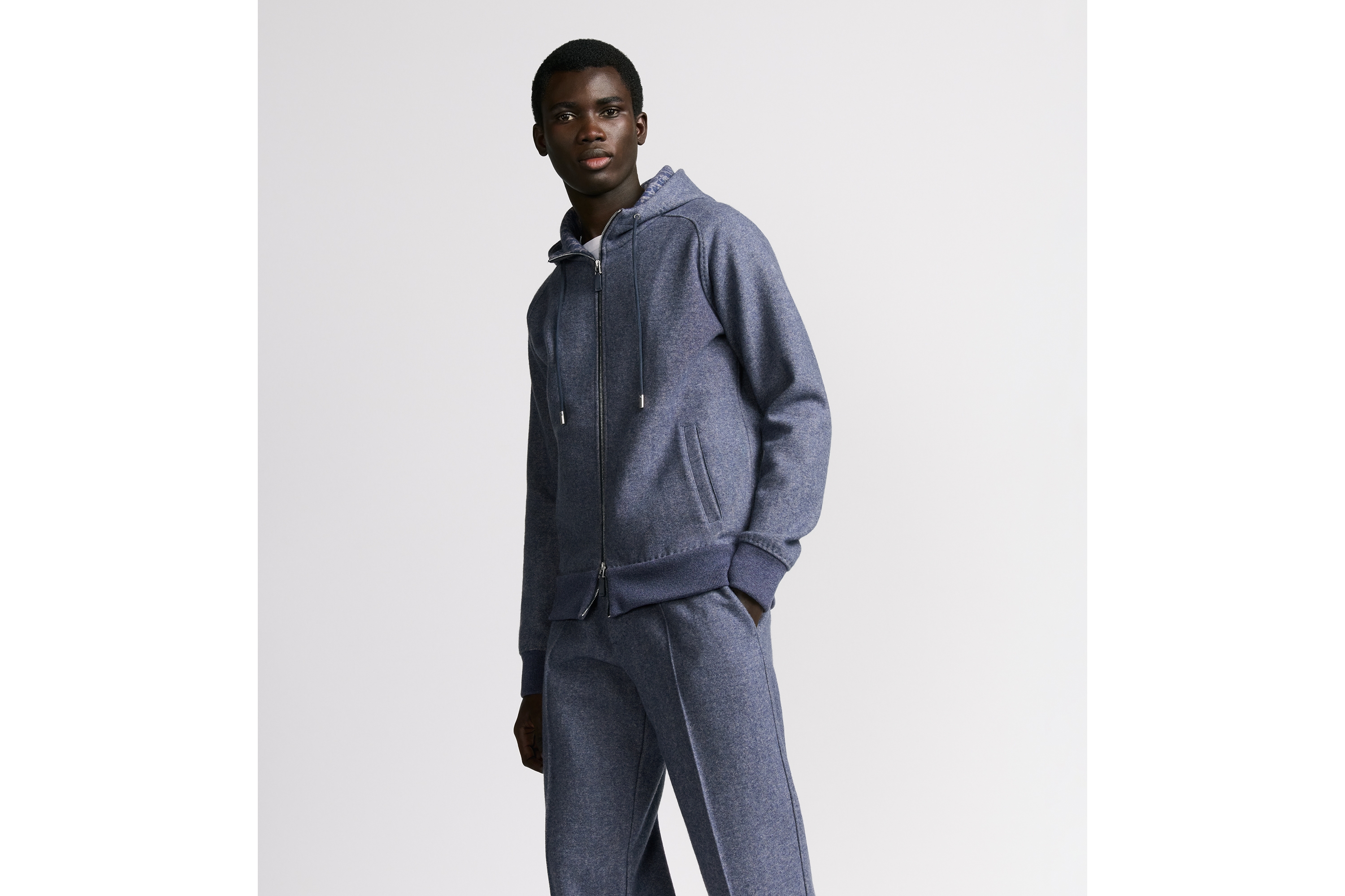 Look Dior Icons Hooded Track Jacket Blue Cashmere and Wool Jacquard E01