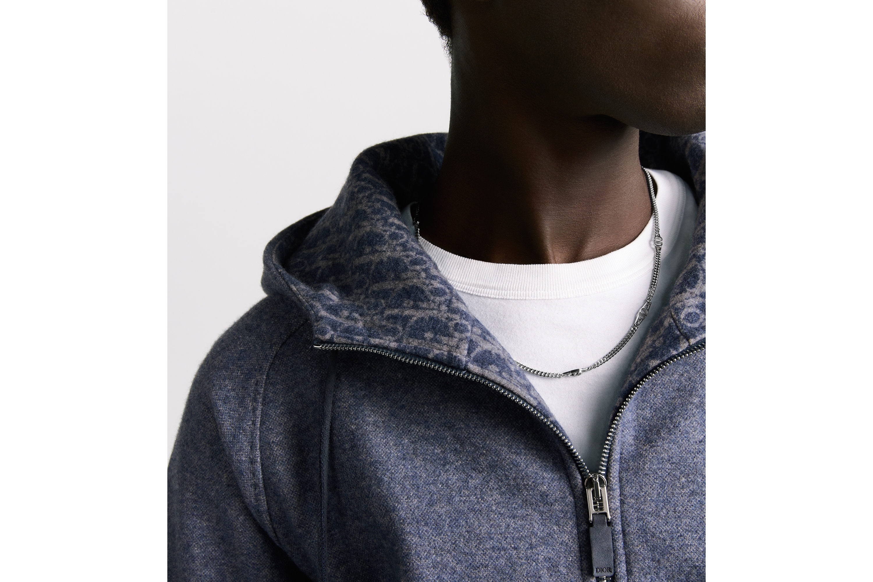 Look Dior Icons Hooded Track Jacket Blue Cashmere and Wool Jacquard E04
