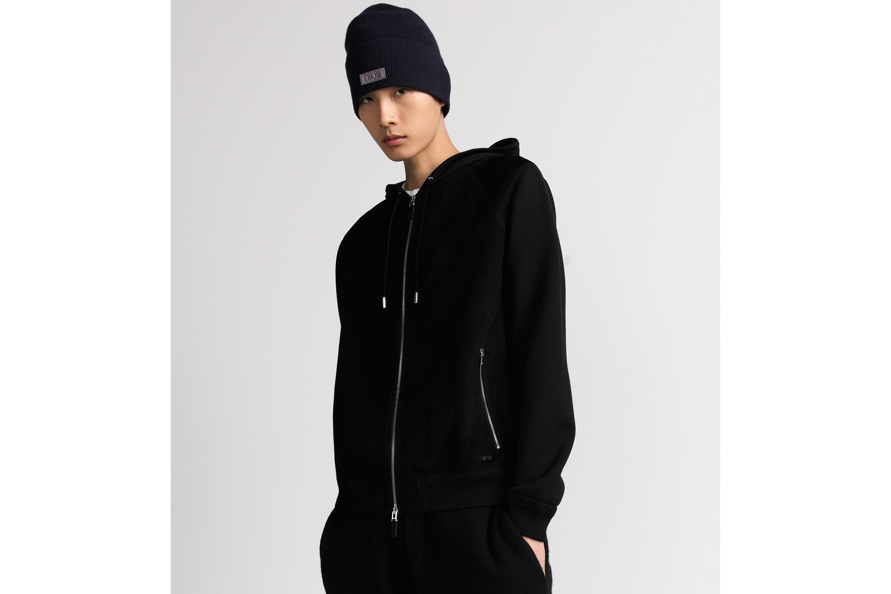 Look Dior Icons Zipped Hooded Sweatshirt Black Virgin Wool Punto Milano Knit and Suede E01