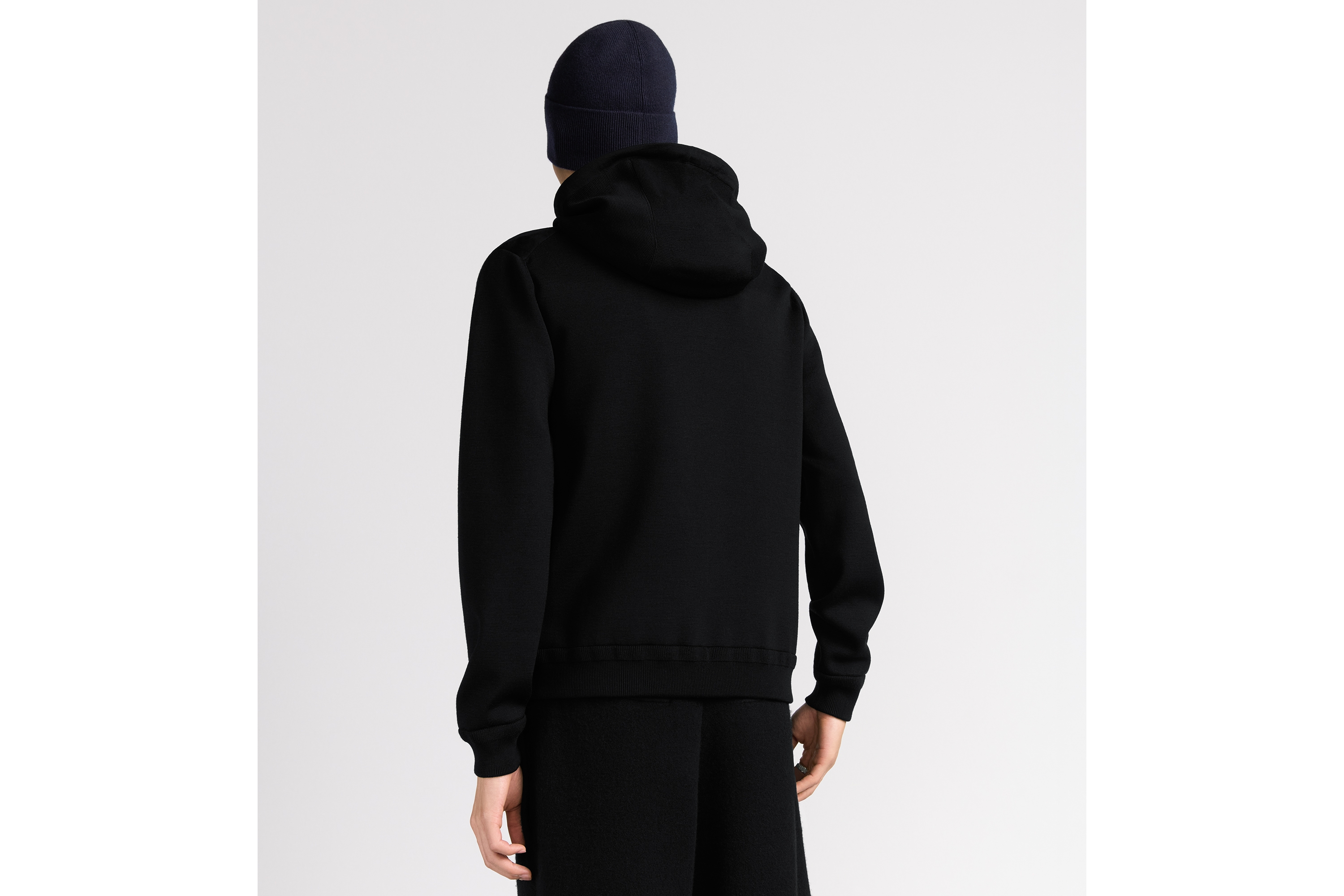 Look Dior Icons Zipped Hooded Sweatshirt Black Virgin Wool Punto Milano Knit and Suede E03