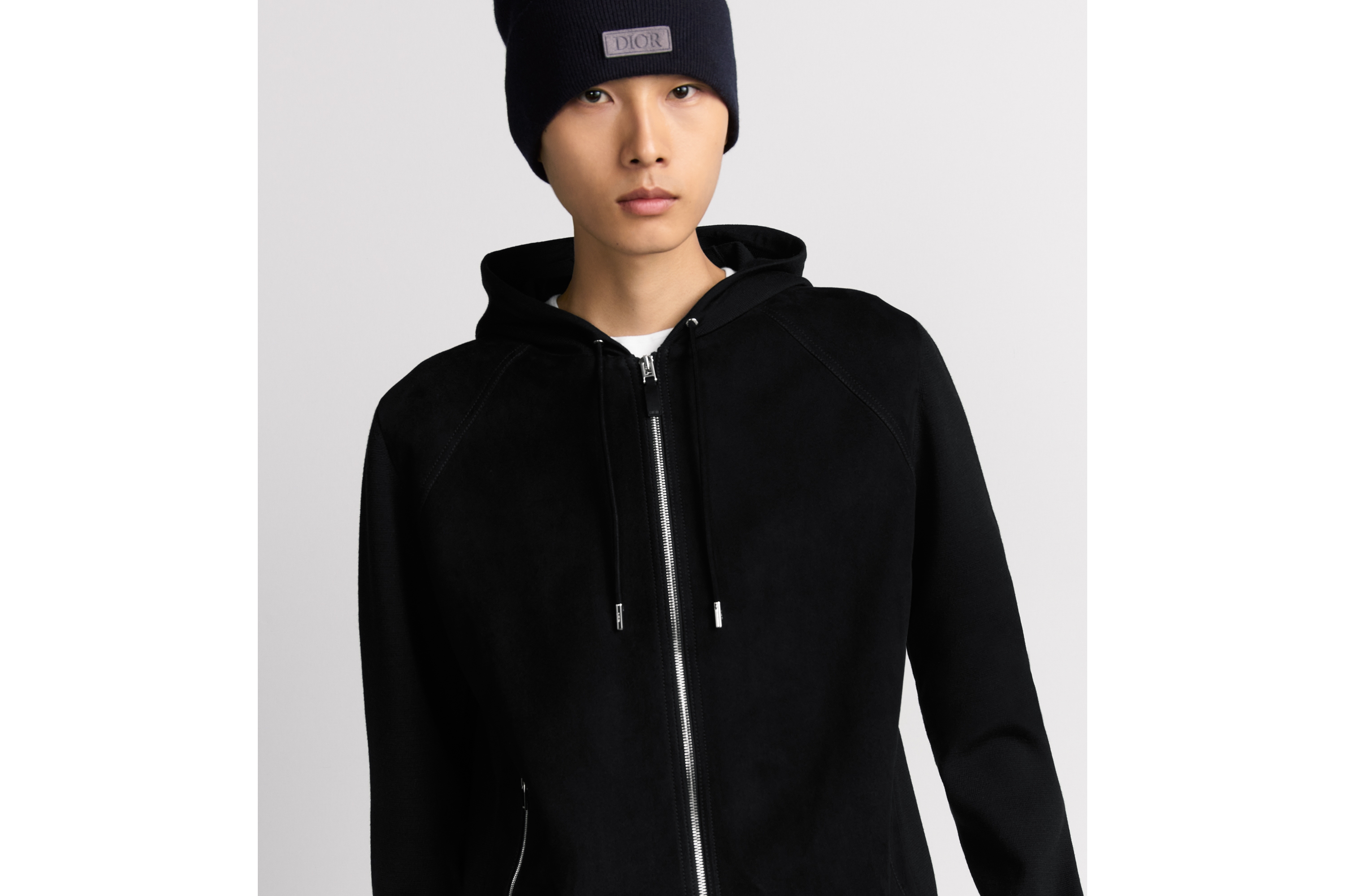 Look Dior Icons Zipped Hooded Sweatshirt Black Virgin Wool Punto Milano Knit and Suede E04