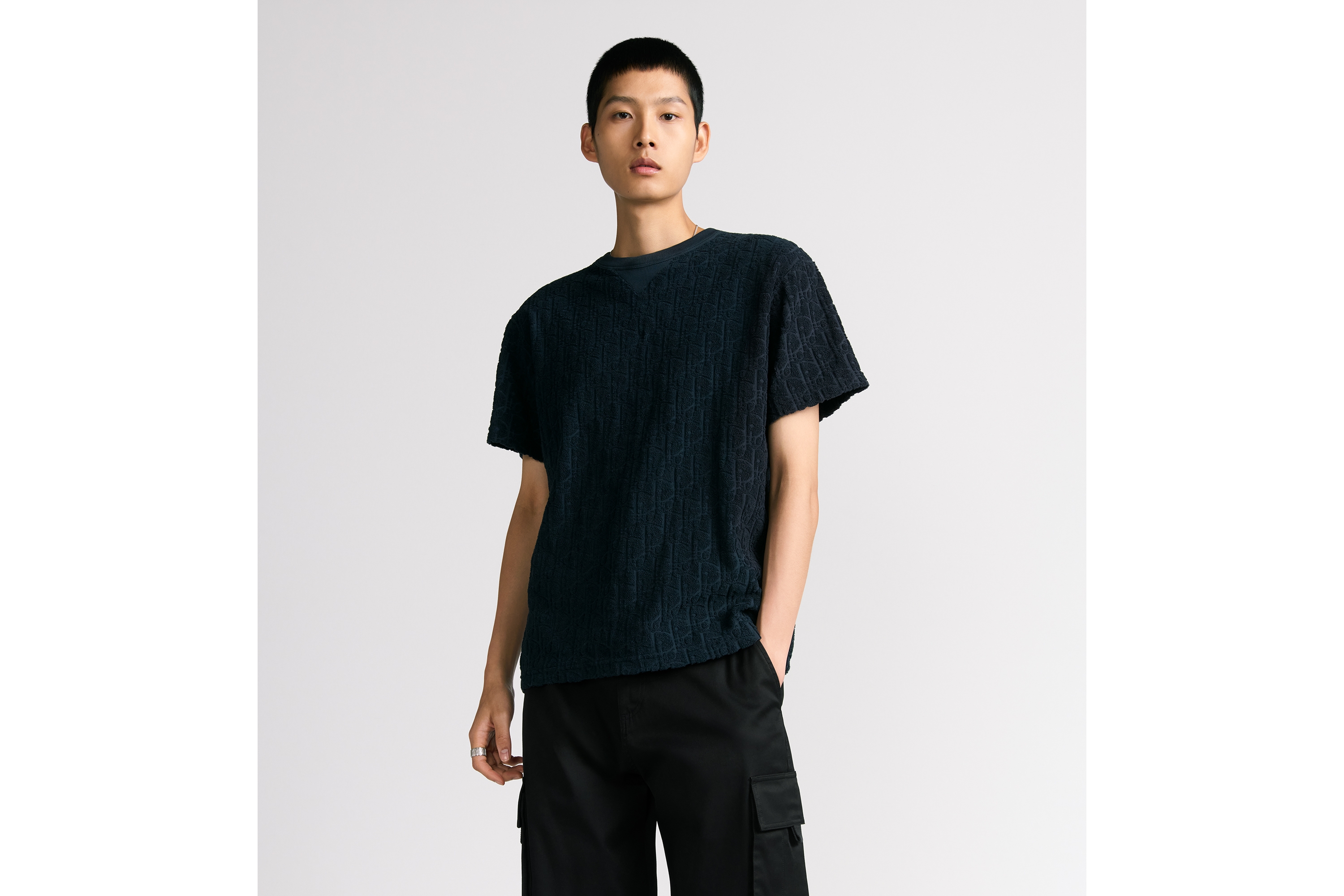 Look Dior Oblique Relaxed-Fit T-Shirt Navy Blue Terry Cotton Jacquard E07