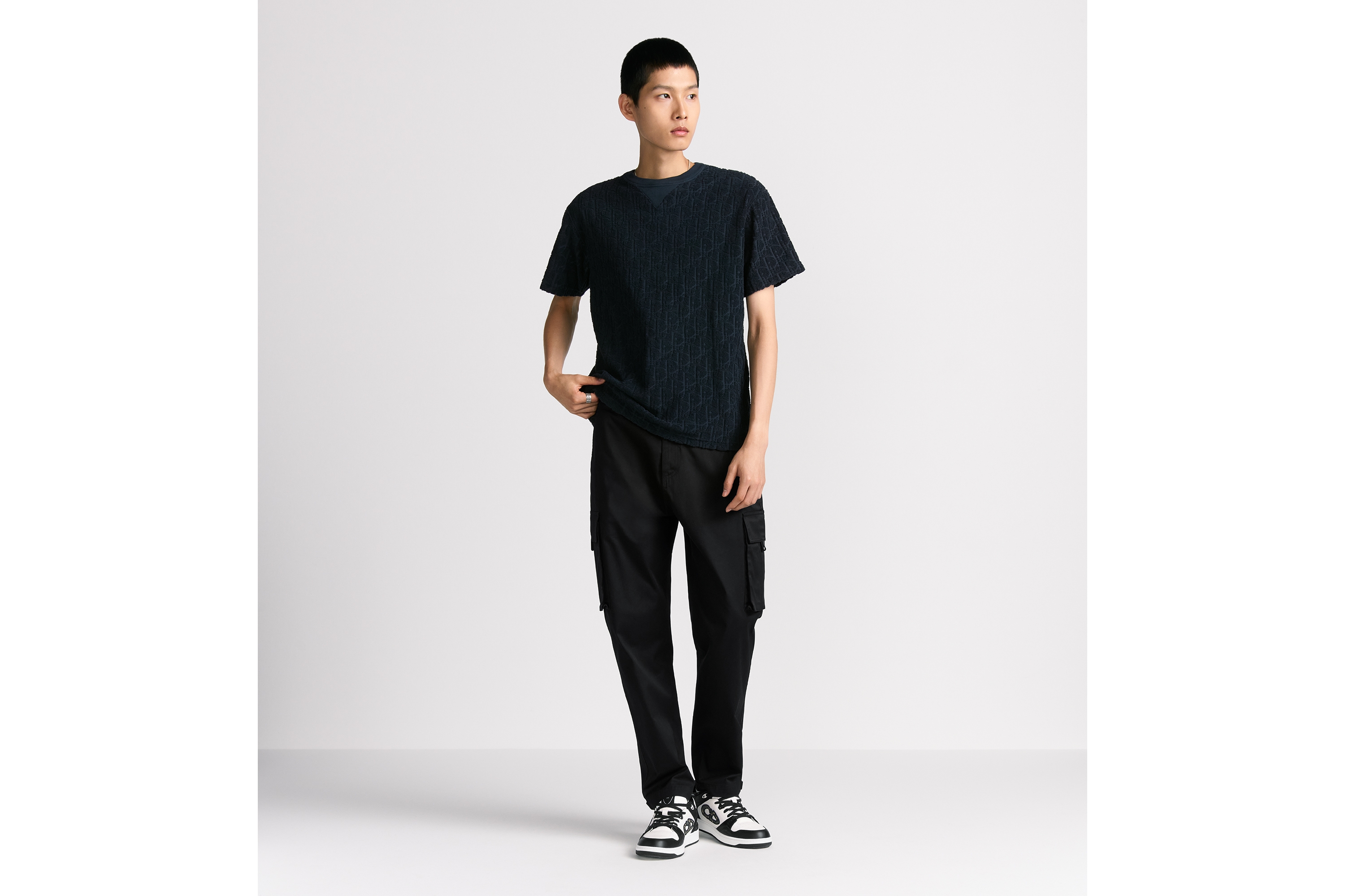 Look Dior Oblique Relaxed-Fit T-Shirt Navy Blue Terry Cotton Jacquard E08