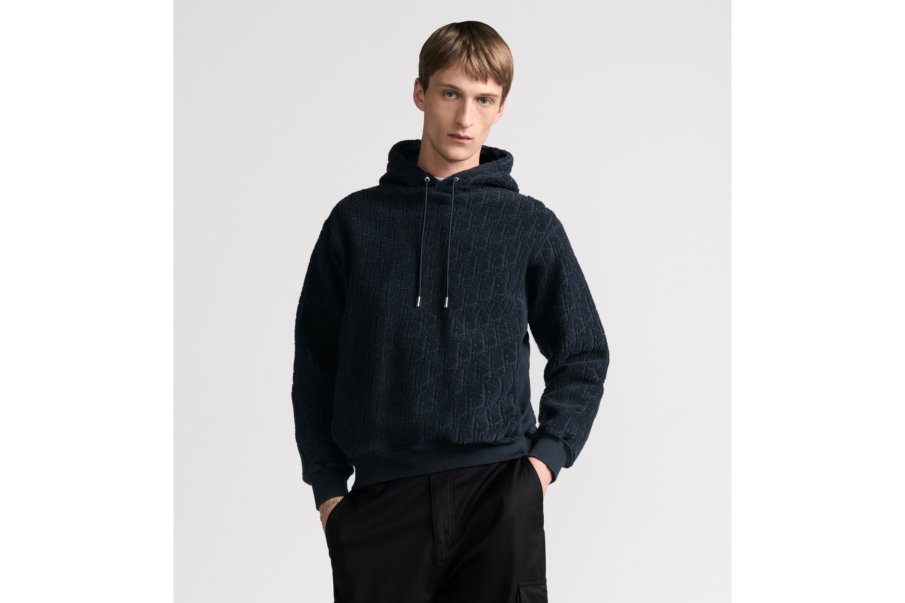 Look Dior Oblique Relaxed-Fit Hooded Sweatshirt Navy Blue Cotton Fleece E07